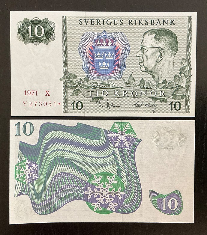 Sweden 10 kronor 1971 UNC P-52cr Replacement / Star