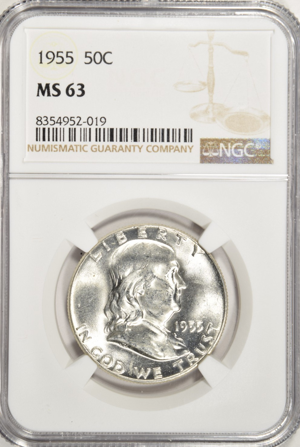 1955 FRANKLIN HALF DOLLAR ~ NGC MS63 ~ BRIGHT WHITE!