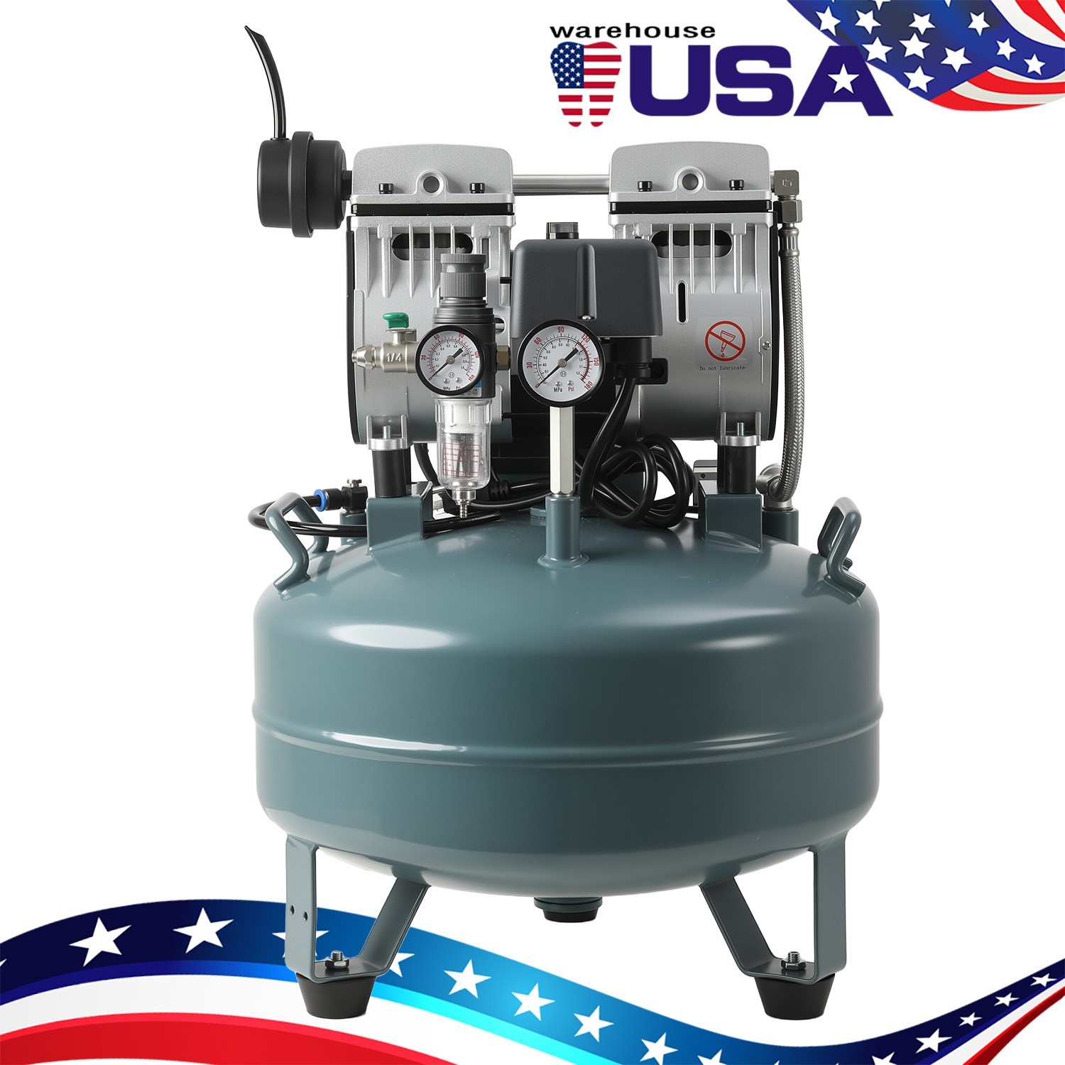 Silent Oil-Free Dental Air ompressor 120V 24L 118L/min Dual Pressure Gauge 50dB