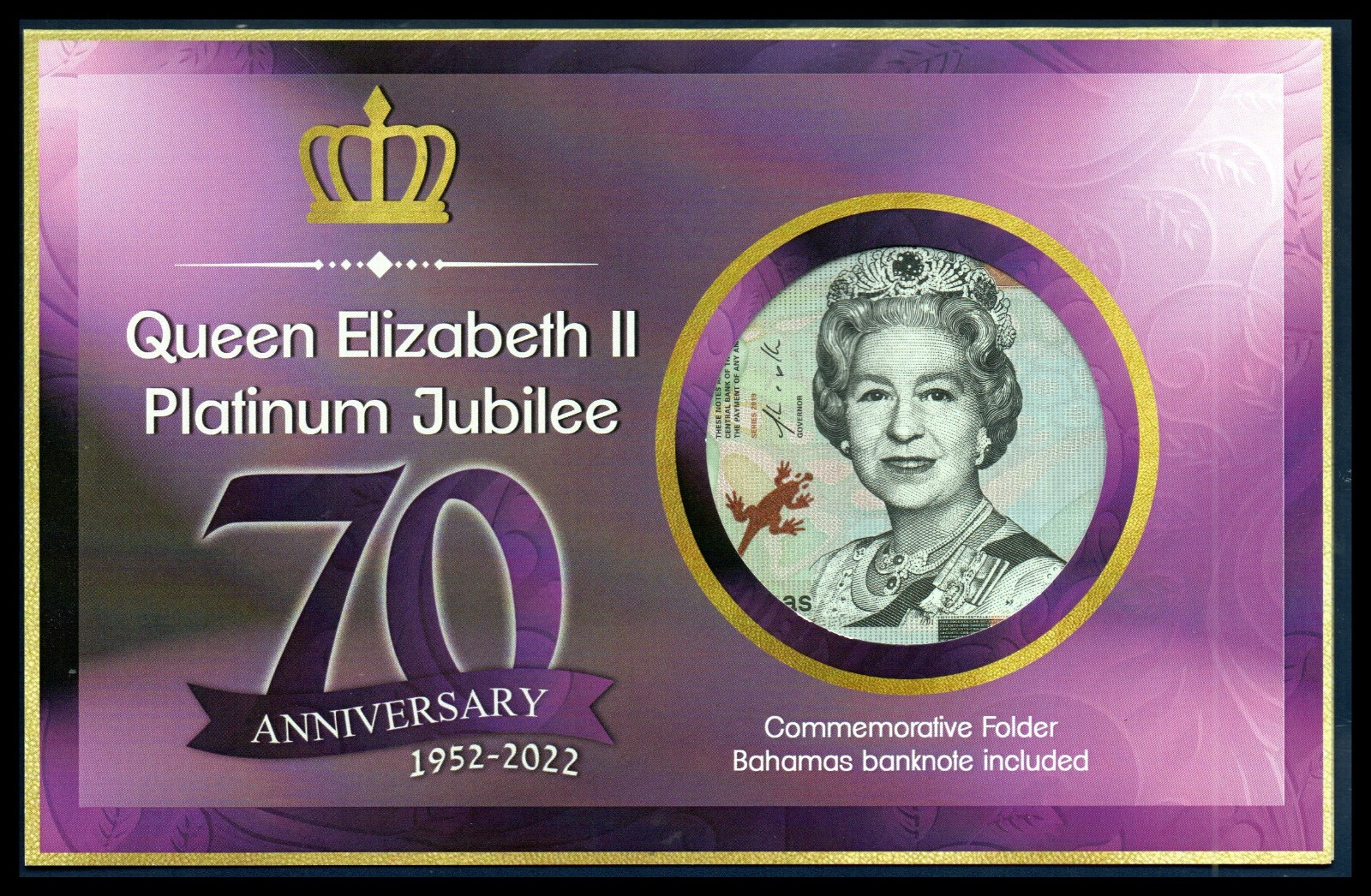 70th Anniversary Queen Elizabeth II Commemorative Folder 2022 w/ Bahamas Note