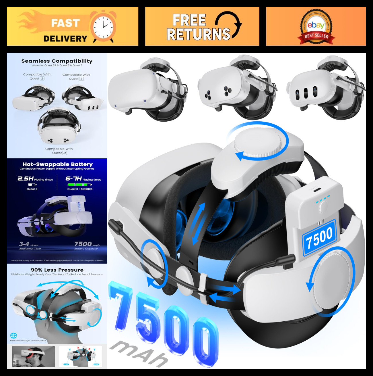 Adjustable VR Head Strap for Meta Quest 3/2 - 7500mAh Hot-Swap Batteries, Comfor