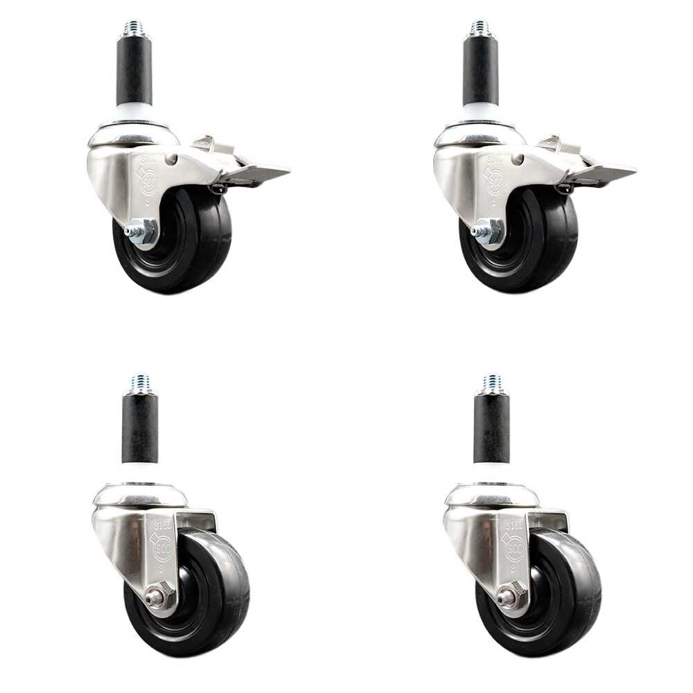 3 Inch 316SS Soft Rubber Swivel 1-1/8 Inch Stem Caster Set 2 Lock Brake SCC