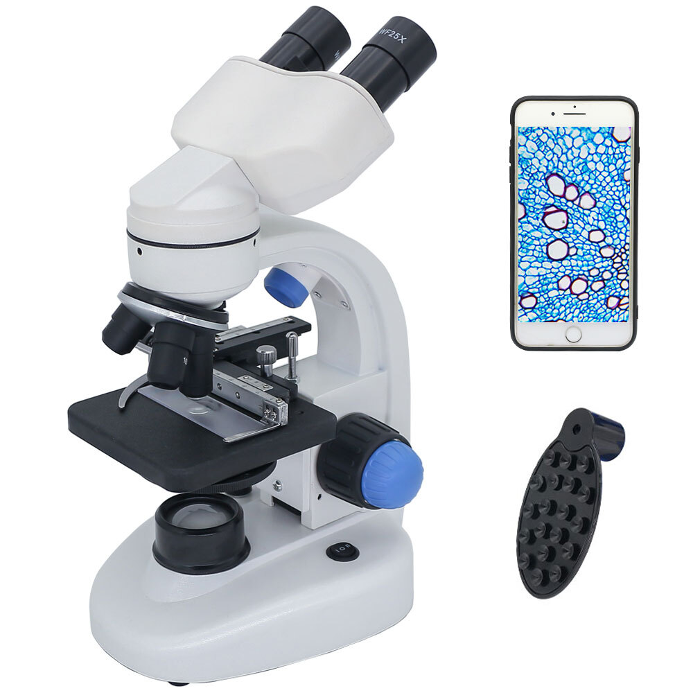 LED Binocular Microscope 2000X Lab Biological Microscope with Smartphone Clip