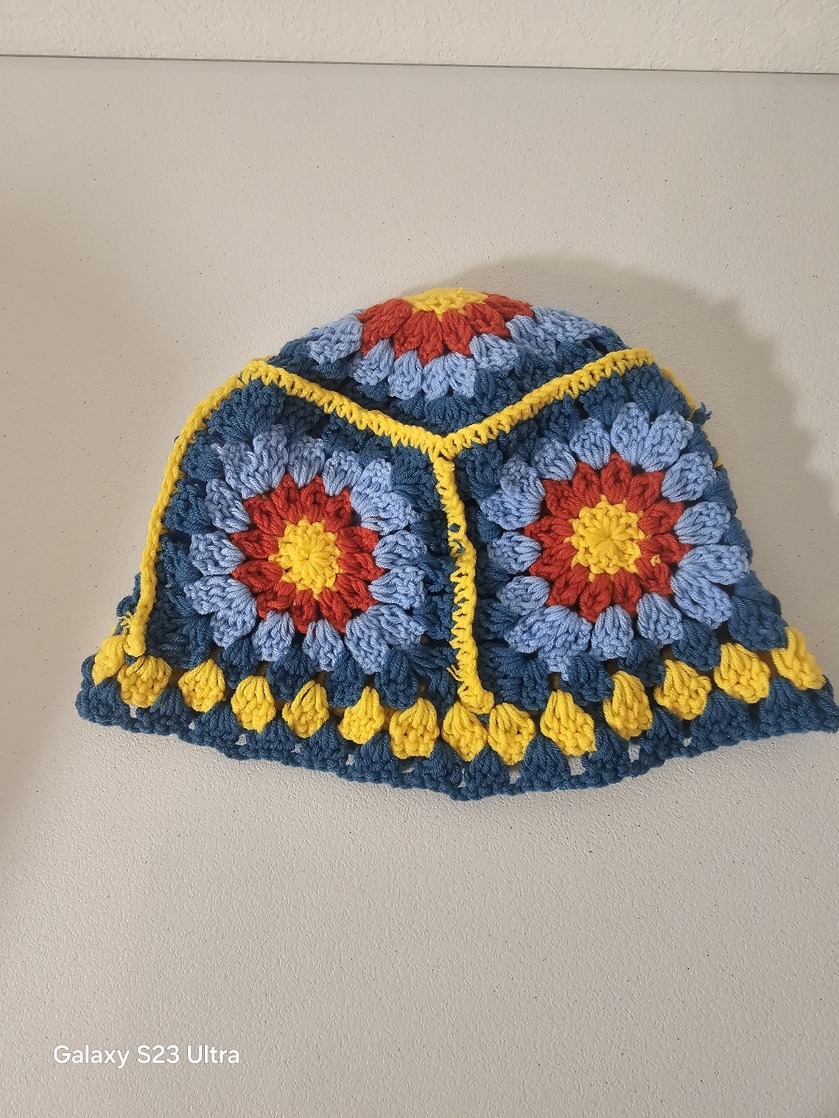 Handmade Crochet Granny Square Hat Multicolor Blue Yellow Red