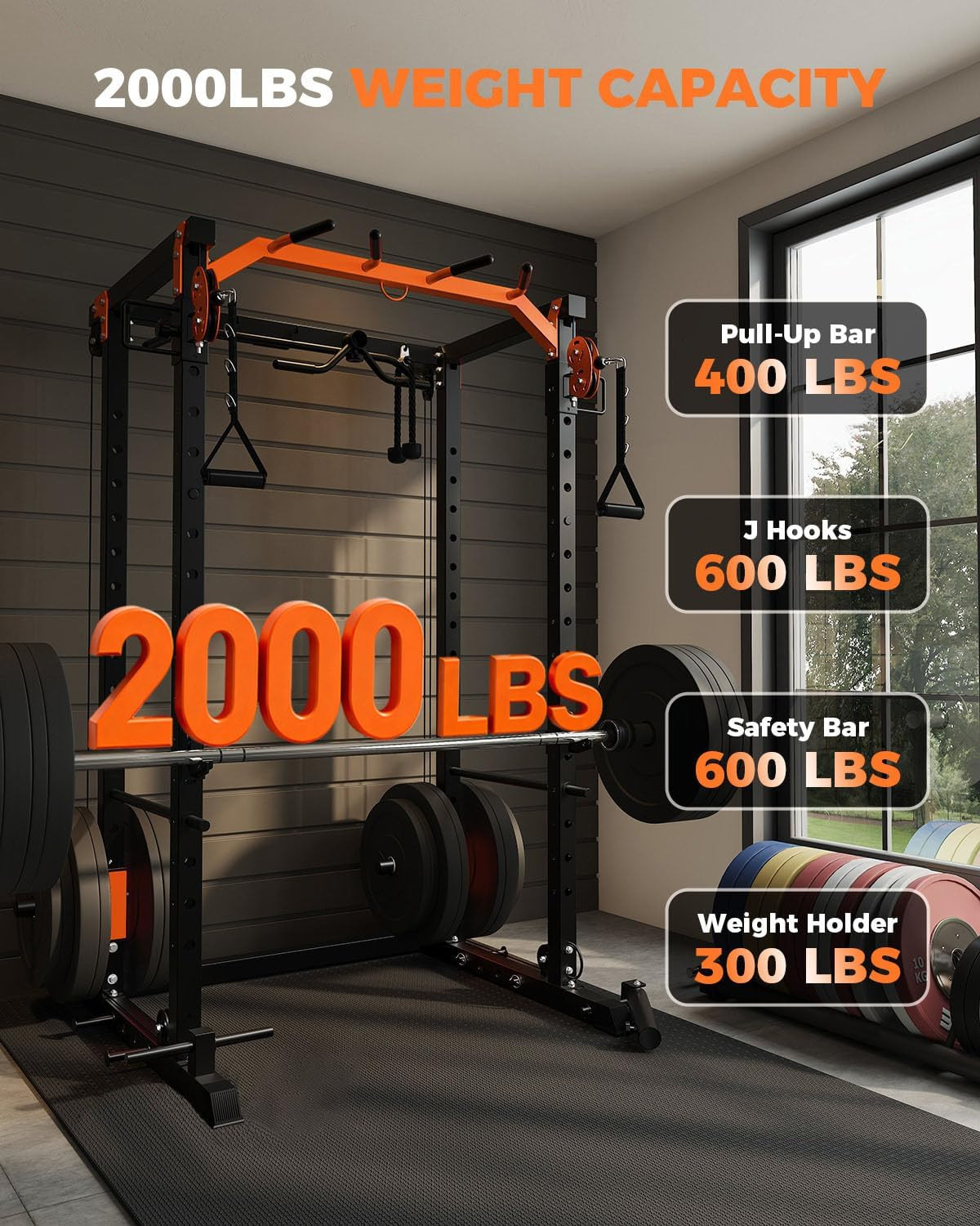 Power Cage, Power Rack with Cable Crossover System, 2000LBS Squat Rack with LAT