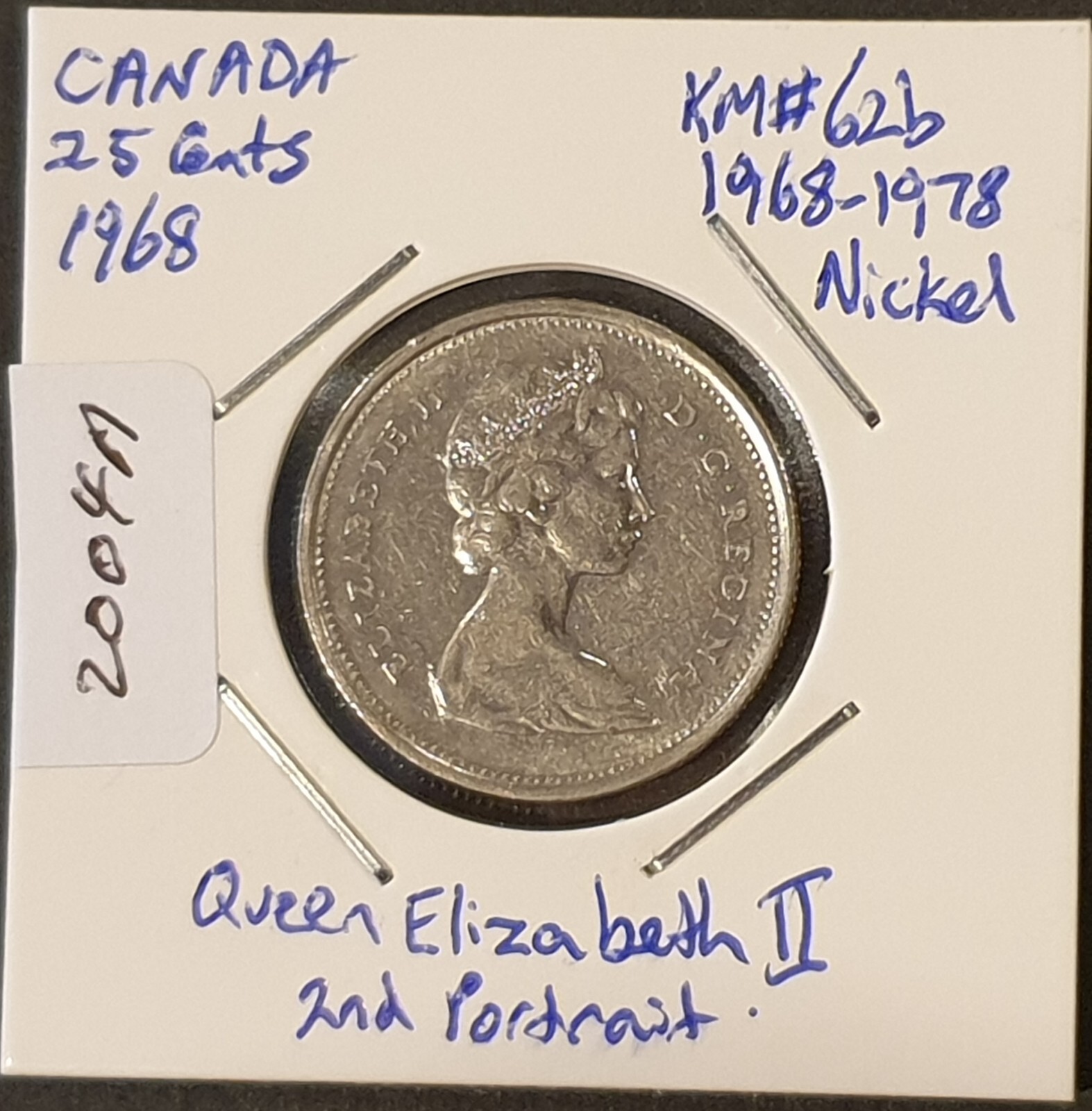 1968 Canada 25 Cents KM#62b, Queen Elizabeth II (obv) Caribou (rev) (2004A)