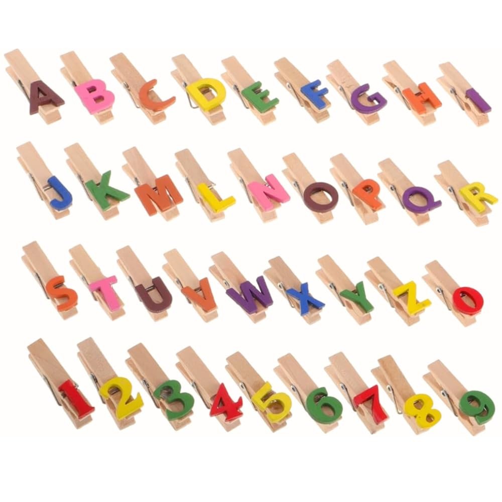 Wooden Clothespins with Colorful Letters and Numbers, Alphabet Multicolor