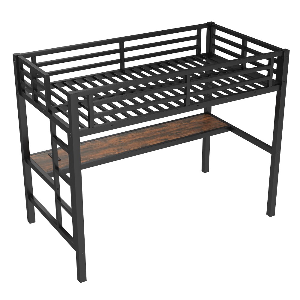 Metal Twin Loft Bed w/ Power Outlet & LED Light, Space-Saving, Black