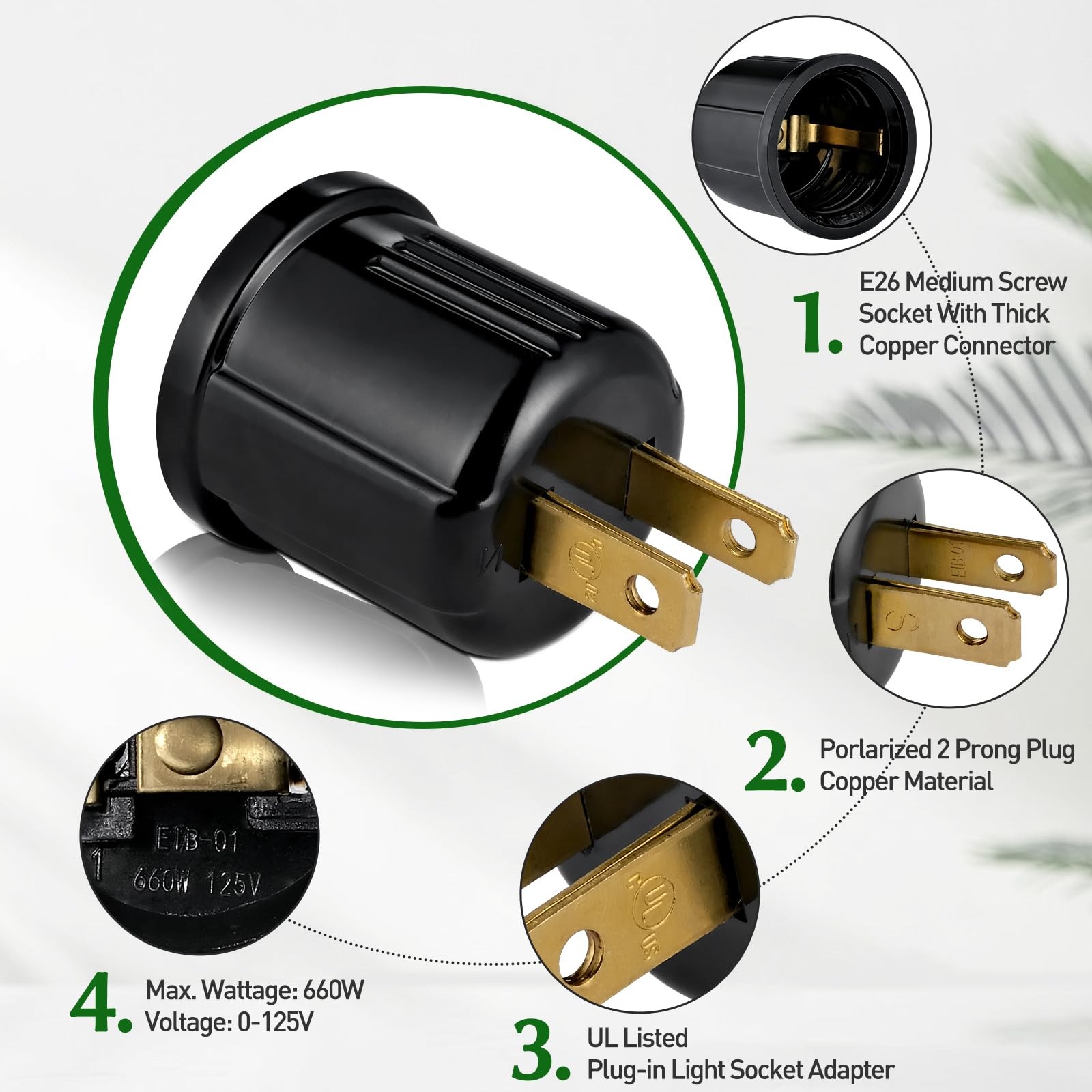 Outlet to Socket Adapter,Plug-in Light Socket,Convert 4-Pack, Black Color