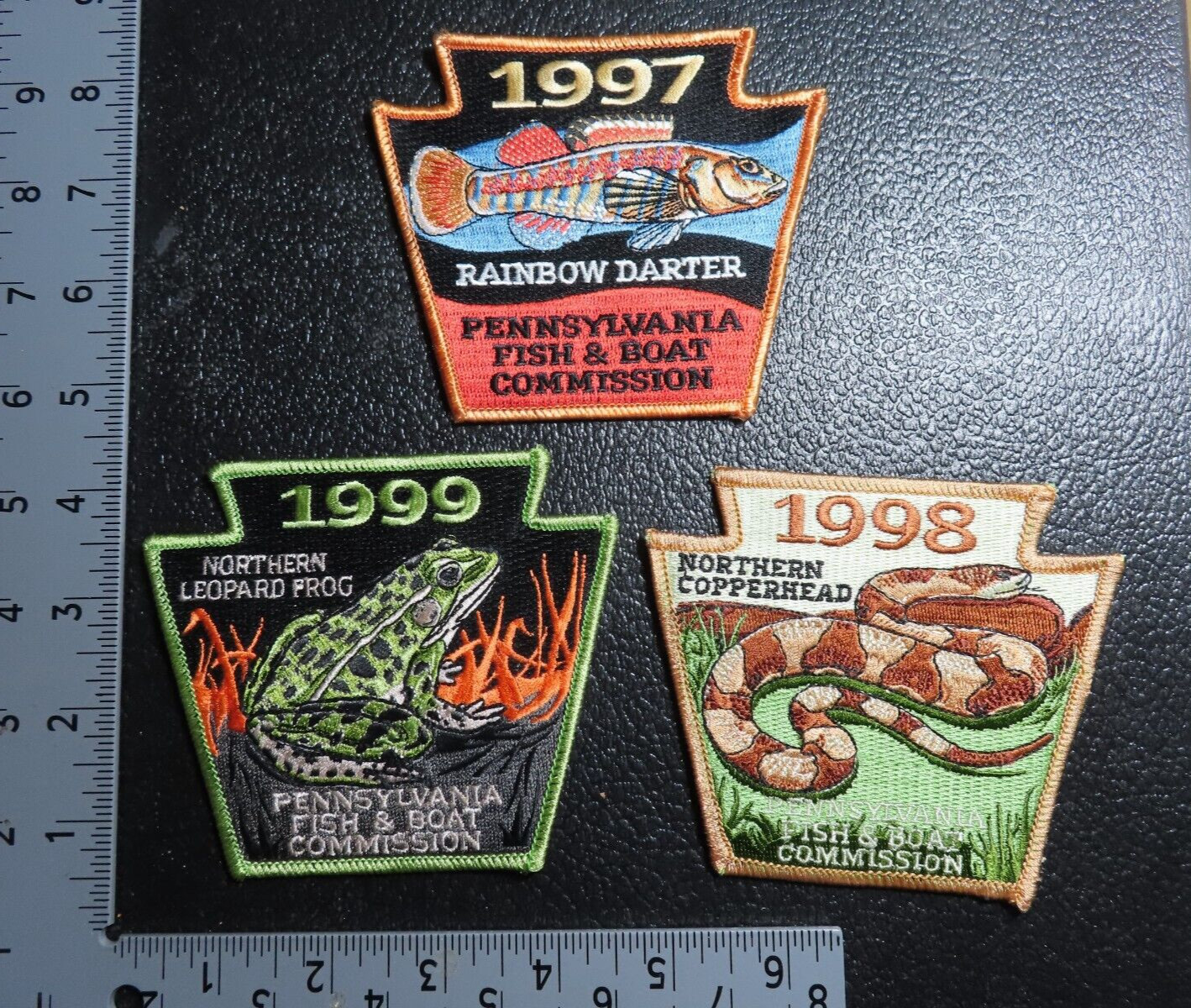 Lot of 3 Vtg PATCHES*PA FISH & BOAT COMMISSION*1997 1998 1999*FISH FROG SNAKE *J