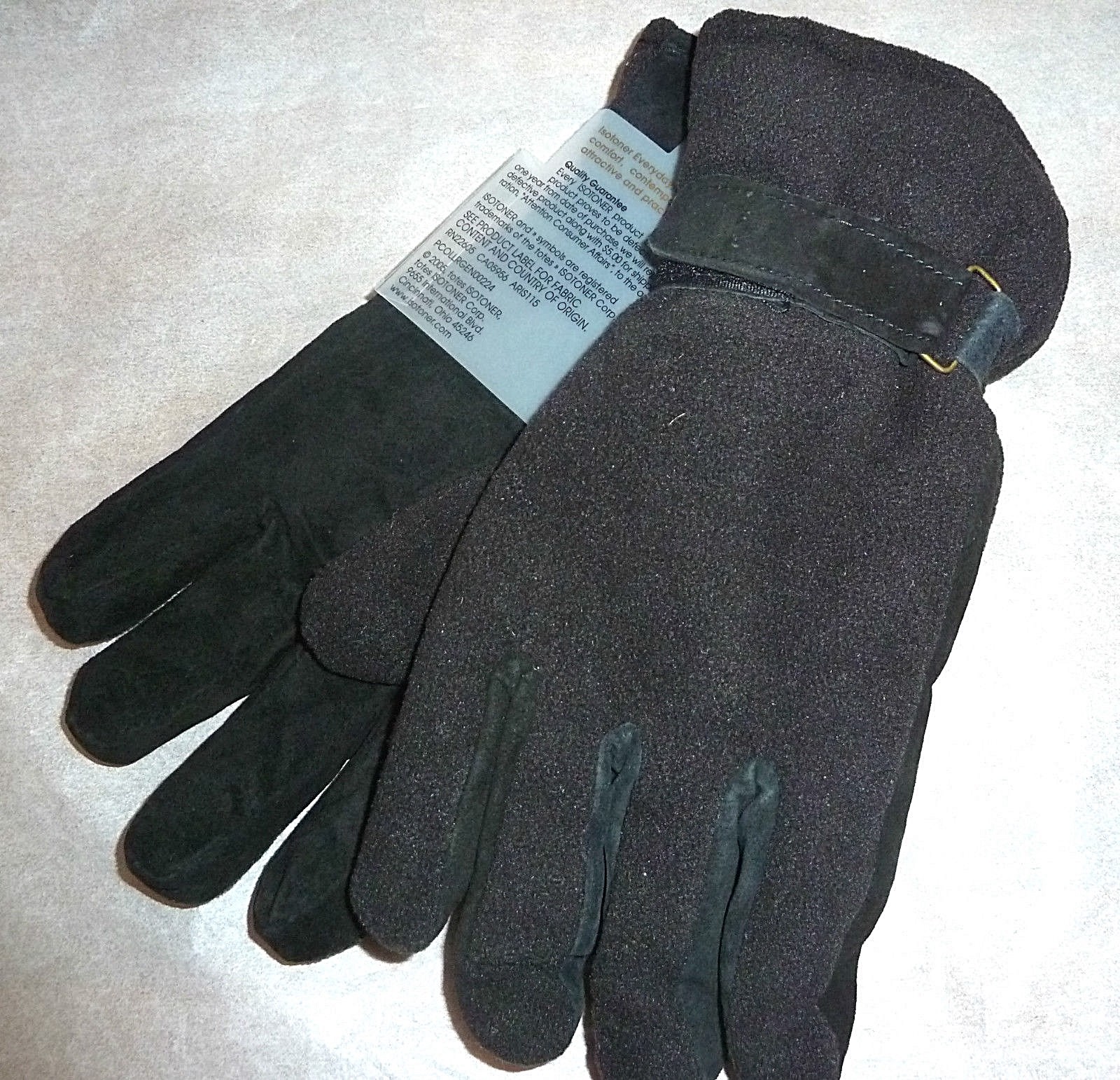 Isotoner Fleece Gloves Suede Palm Men M/L Black Adjustable Elastic Wrist