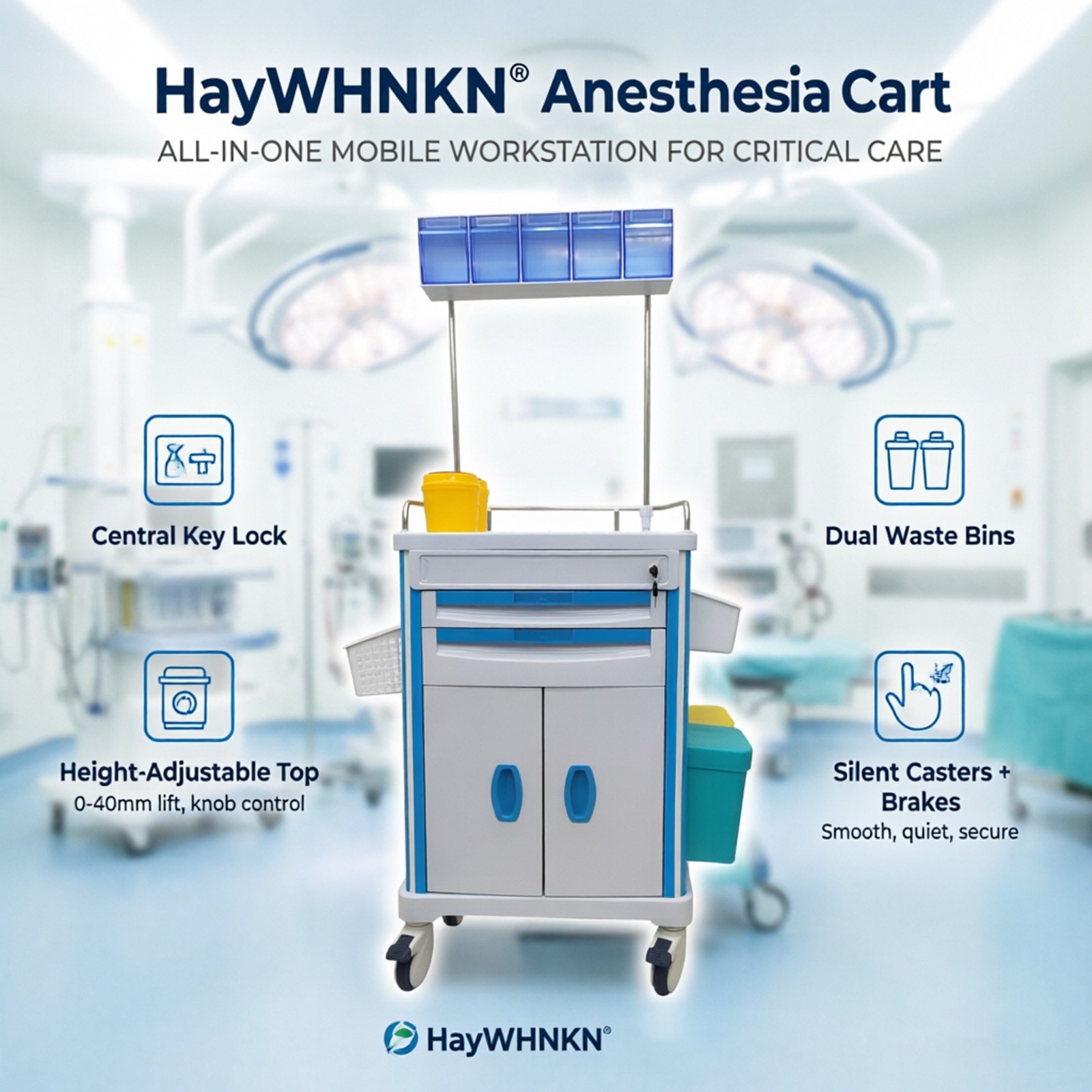 Medical Anesthesia Trolley Cart with 2 Drawers Lockable & Partition Boards Side