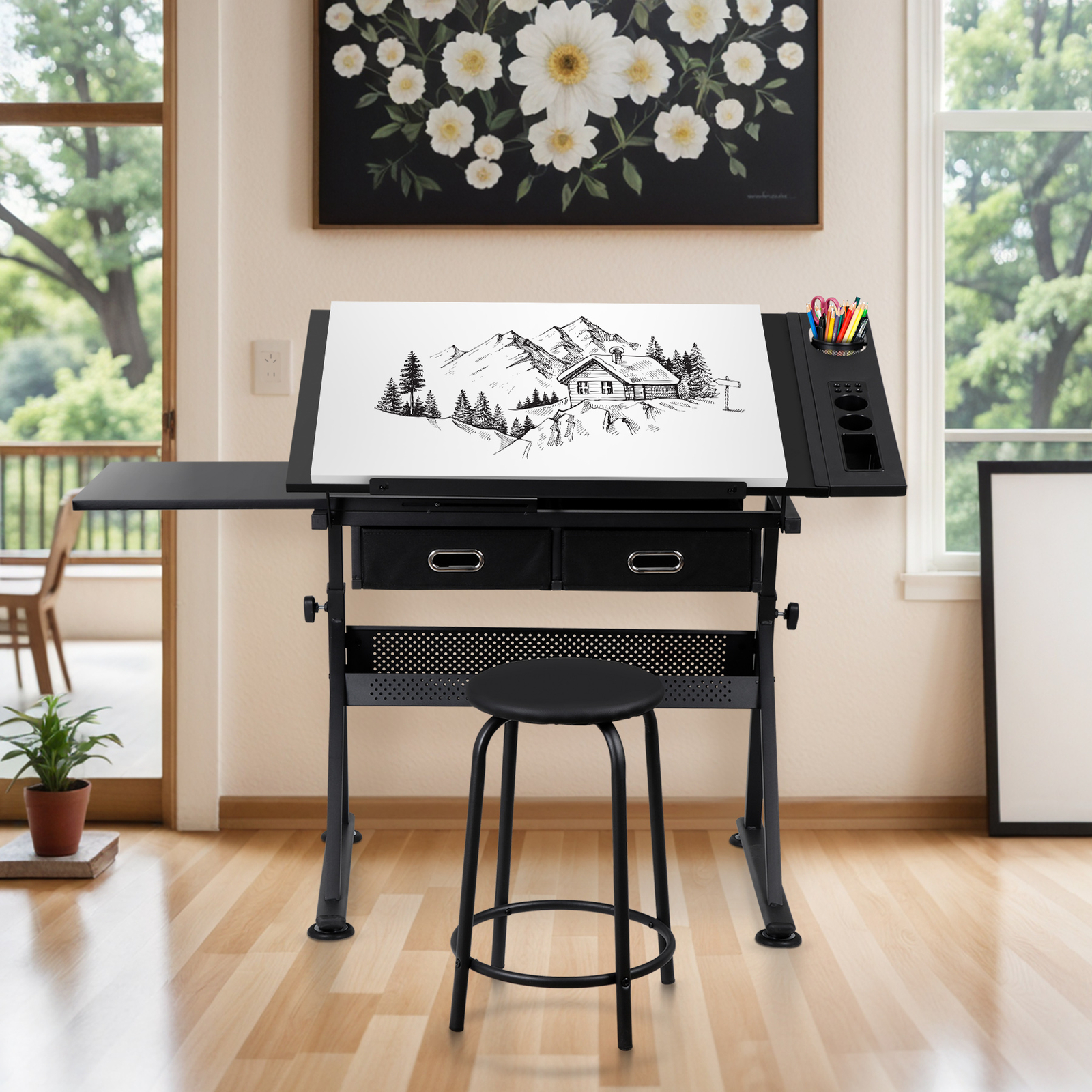Drafting Table Adjustable Drawing Artist Desk Tilted Tabletop w/2 Drawers Stool