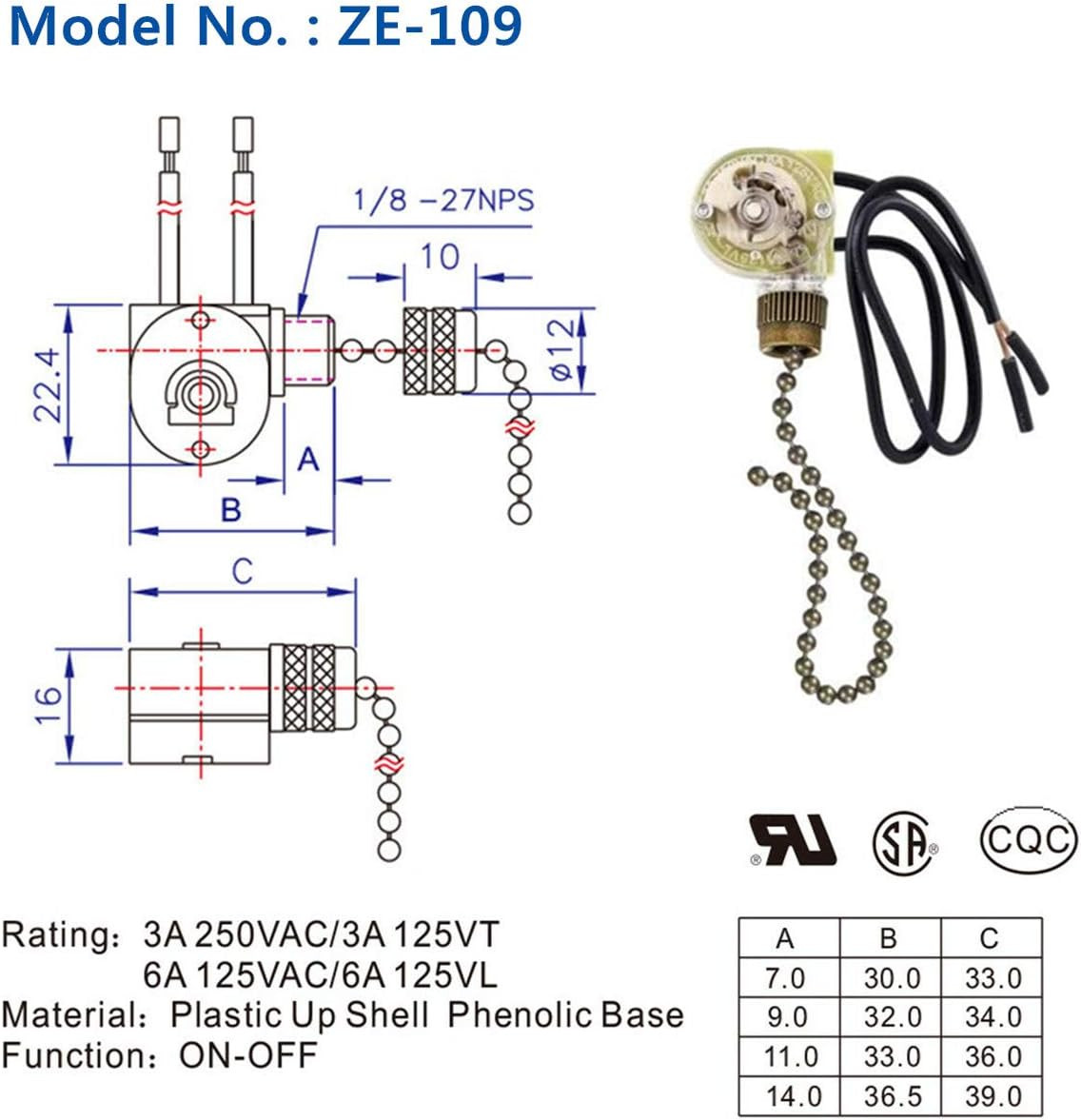 Pull Chain Switch Zing Ear ZE-109 Ceiling Fan Switch Ceiling Fan Light Lamp Repl
