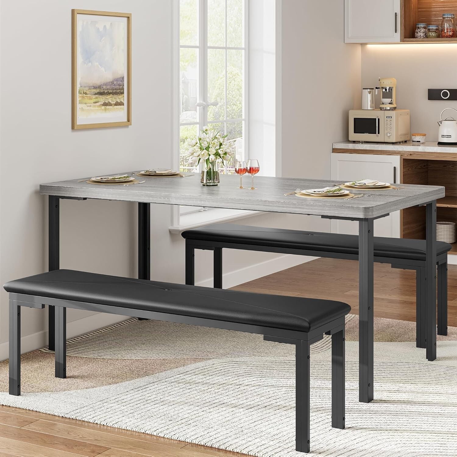 Dining Table Set for 4, Kitchen Table w/ 2Benches, Kitchen Table for Small Space