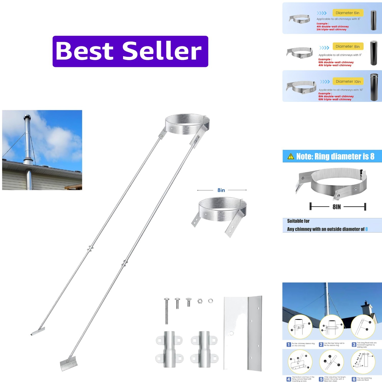 2026 New Silver Plated  8" Extended Roof Bracket Supports Chimney Stove Pipe ...