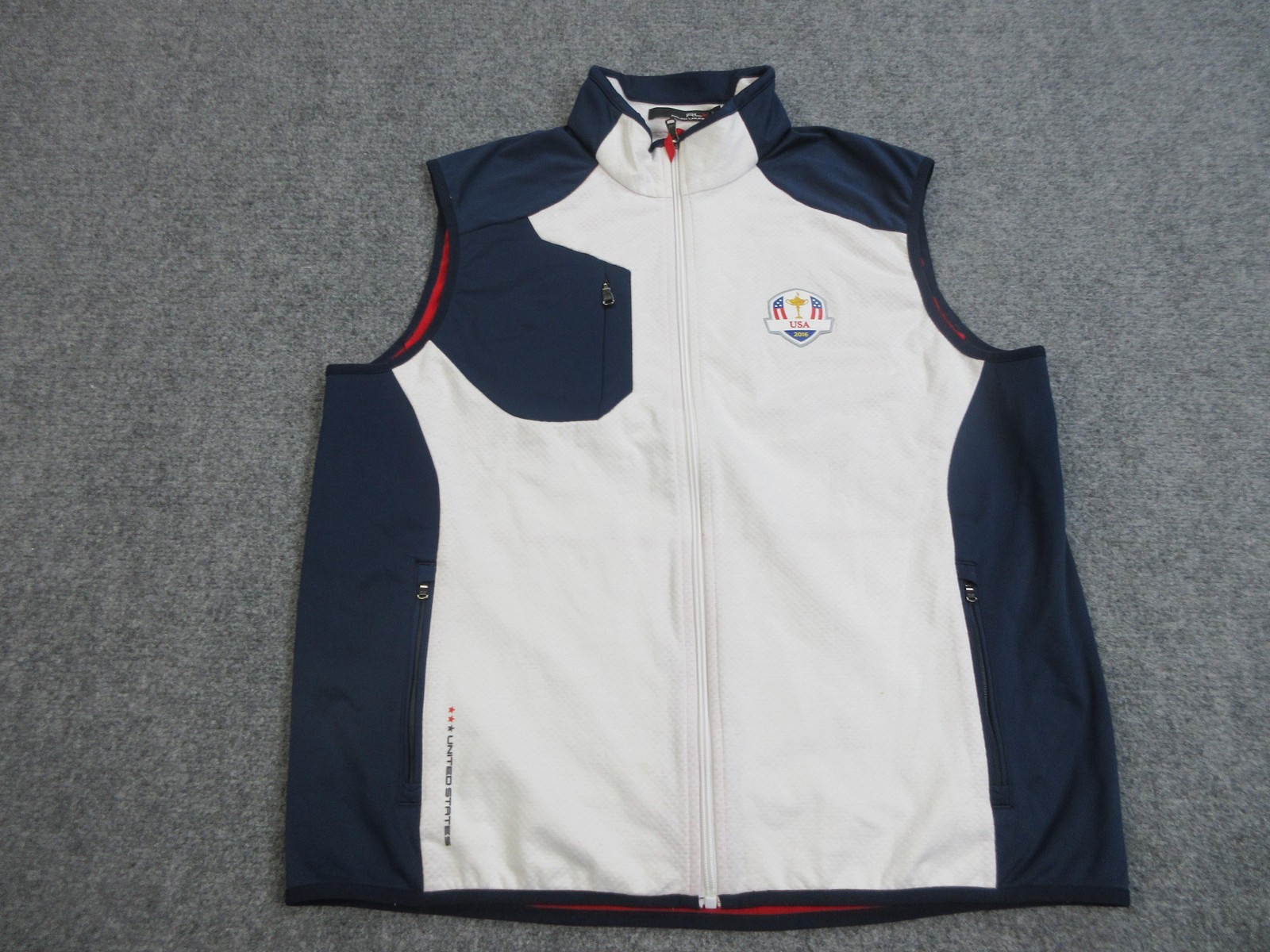 USA Golf 2016 RLX Ralph Lauren Vest Mens XL White Navy Full Zip Sleeveless
