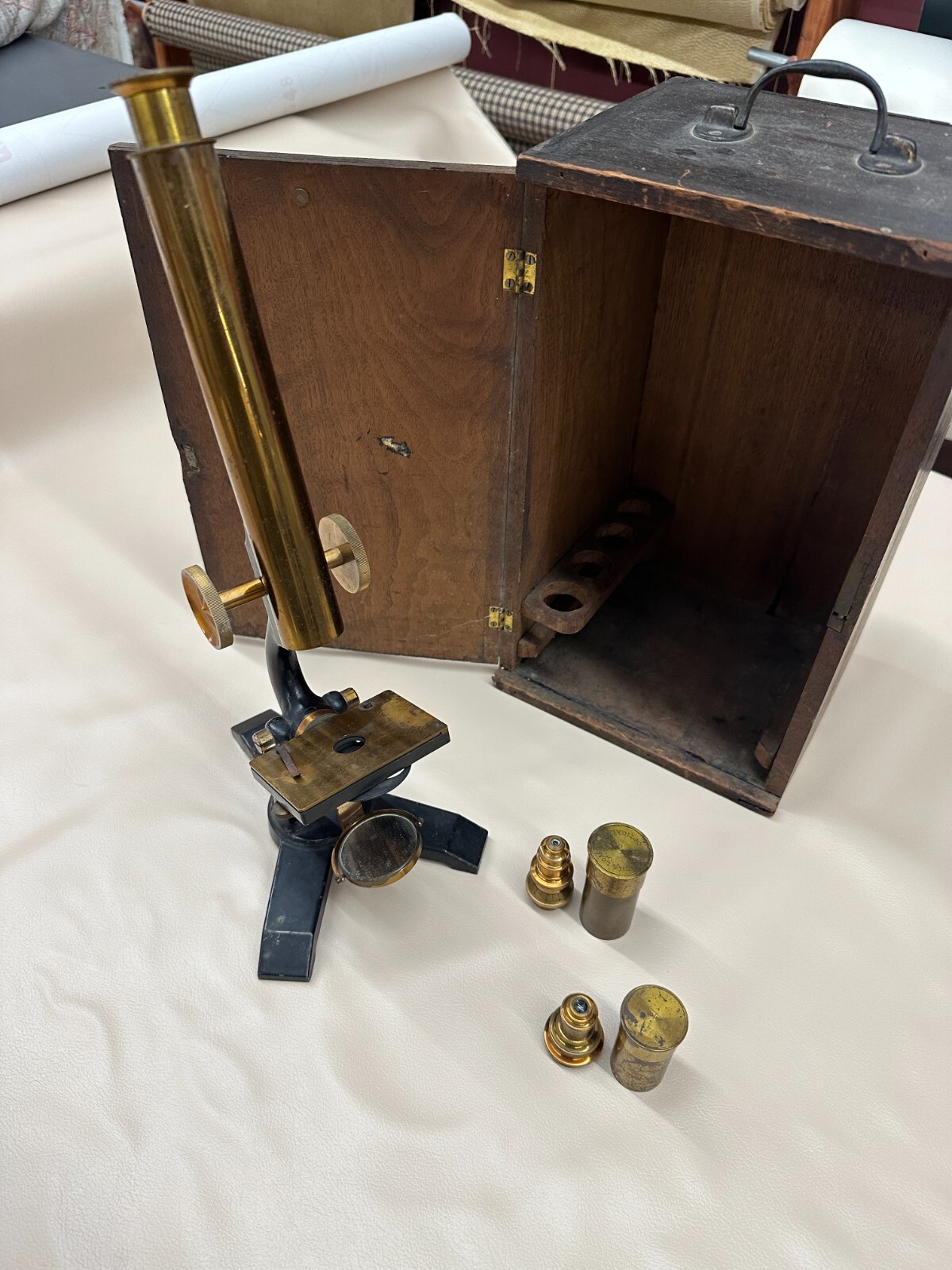 Antique Rare Vintage Bausch & Lomb long tube Brass Microscope Box 1/6 1/2 lens