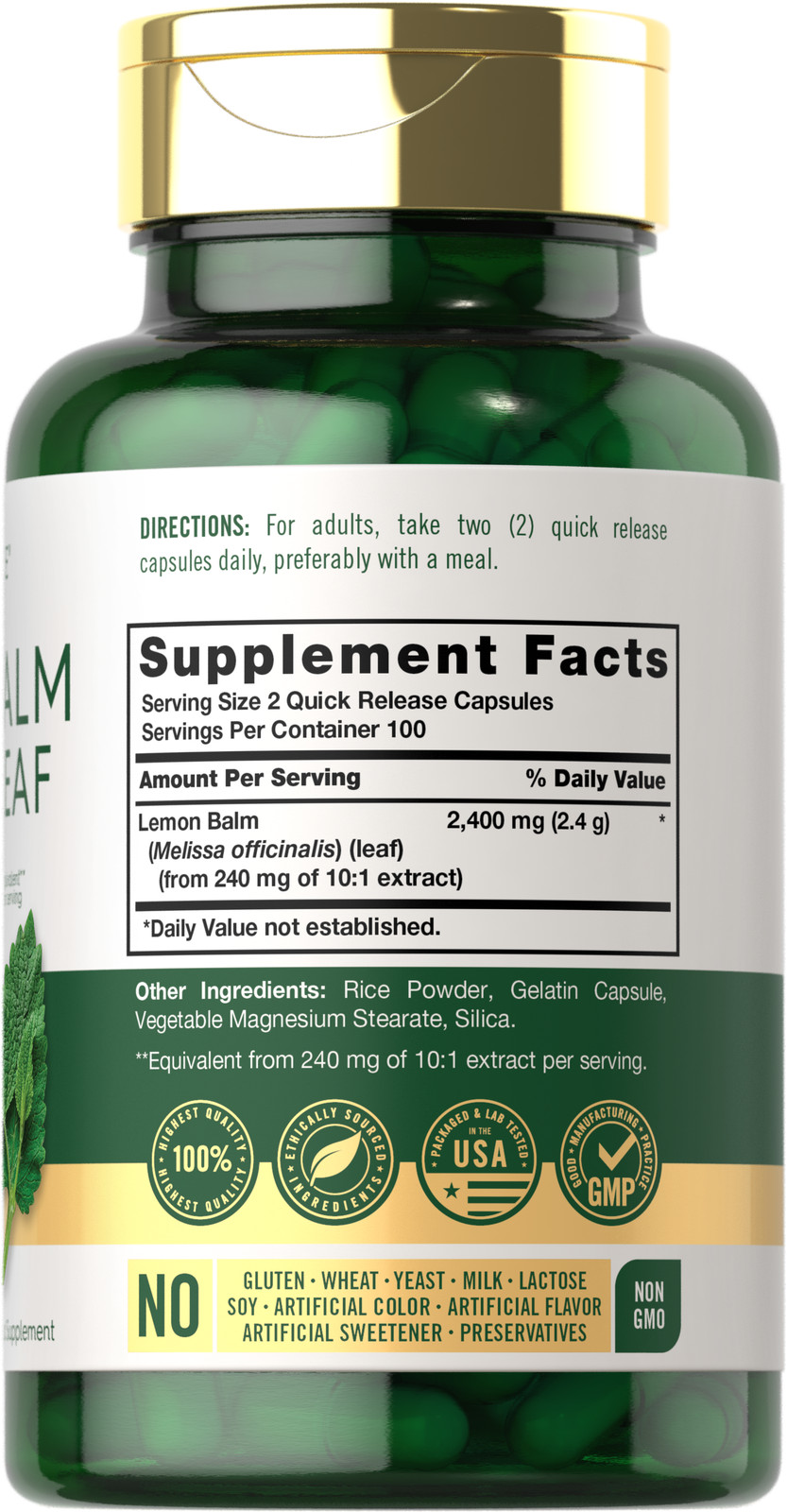 Lemon Balm Capsules | 2400mg | 200 Count | Melissa Leaf | Non-GMO | by Carlyle