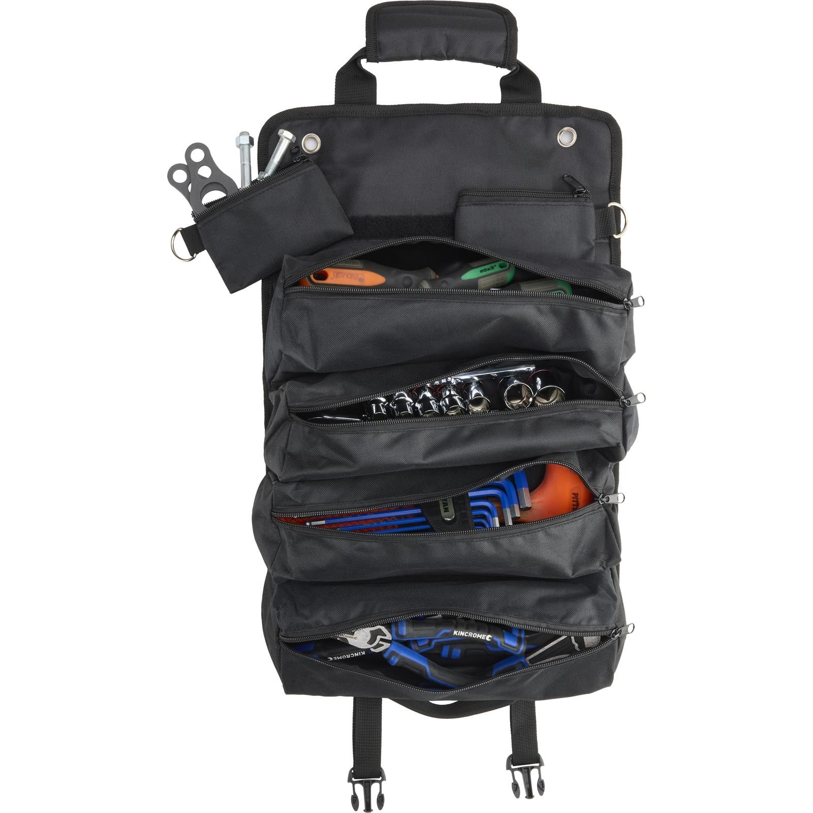 Black Canvas Roll Up Tool Bag Organizer With Zipper Pockets