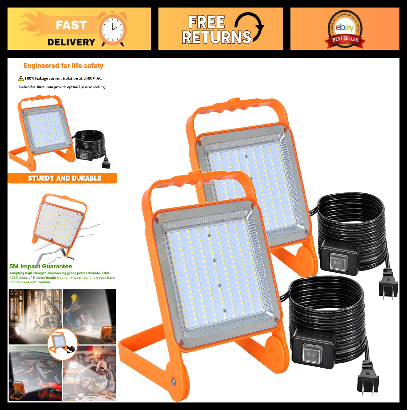 2-Pack 50W LED Work Lights - 8000LM, Waterproof, 10ft Cord, Adjustable Floodligh