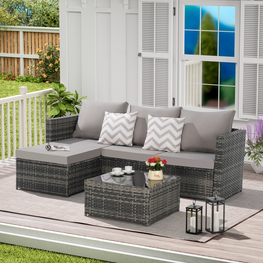 Patio Furniture Set Outdoor Sectional L- Shaped Sofa Couch Conversation Set Yard