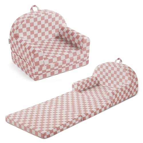 Foldable Toddler Couch, 2-in-1 Comfy Toddler Chair & Lounger Blush Checkered