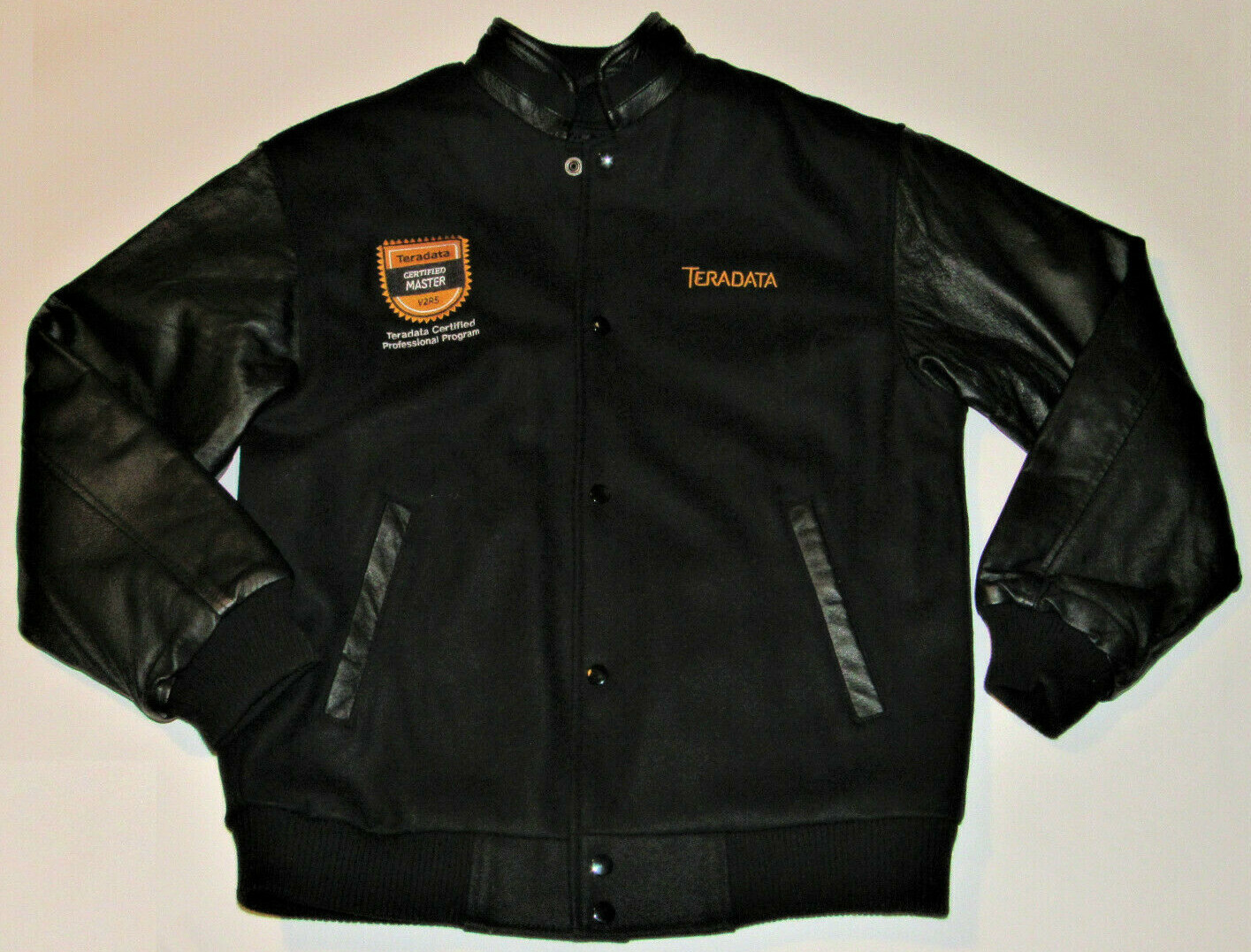 TERADATA 'CERTIFIED MASTER' BLACK WOOL VARSITY JACKET! LEATHER SLEEVES! NWT! S
