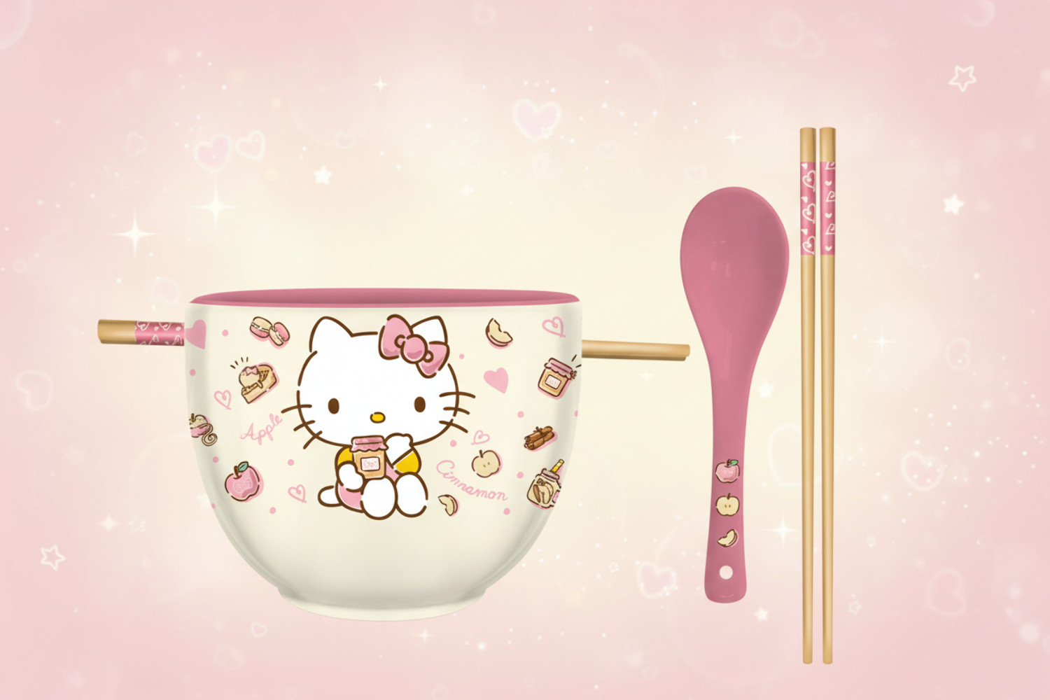 Hello Kitty Apples & Cinnamon with Spoon and Chopsticks 20oz Ceramic Ramen Bowl