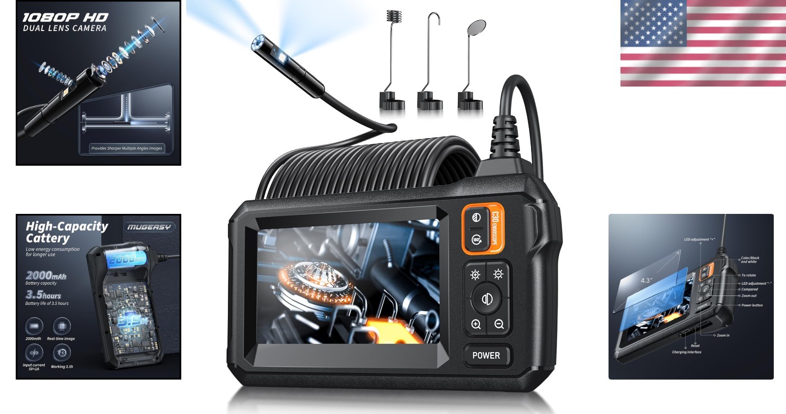 Inspection Borescope Camera with 8 Adjustable Lights