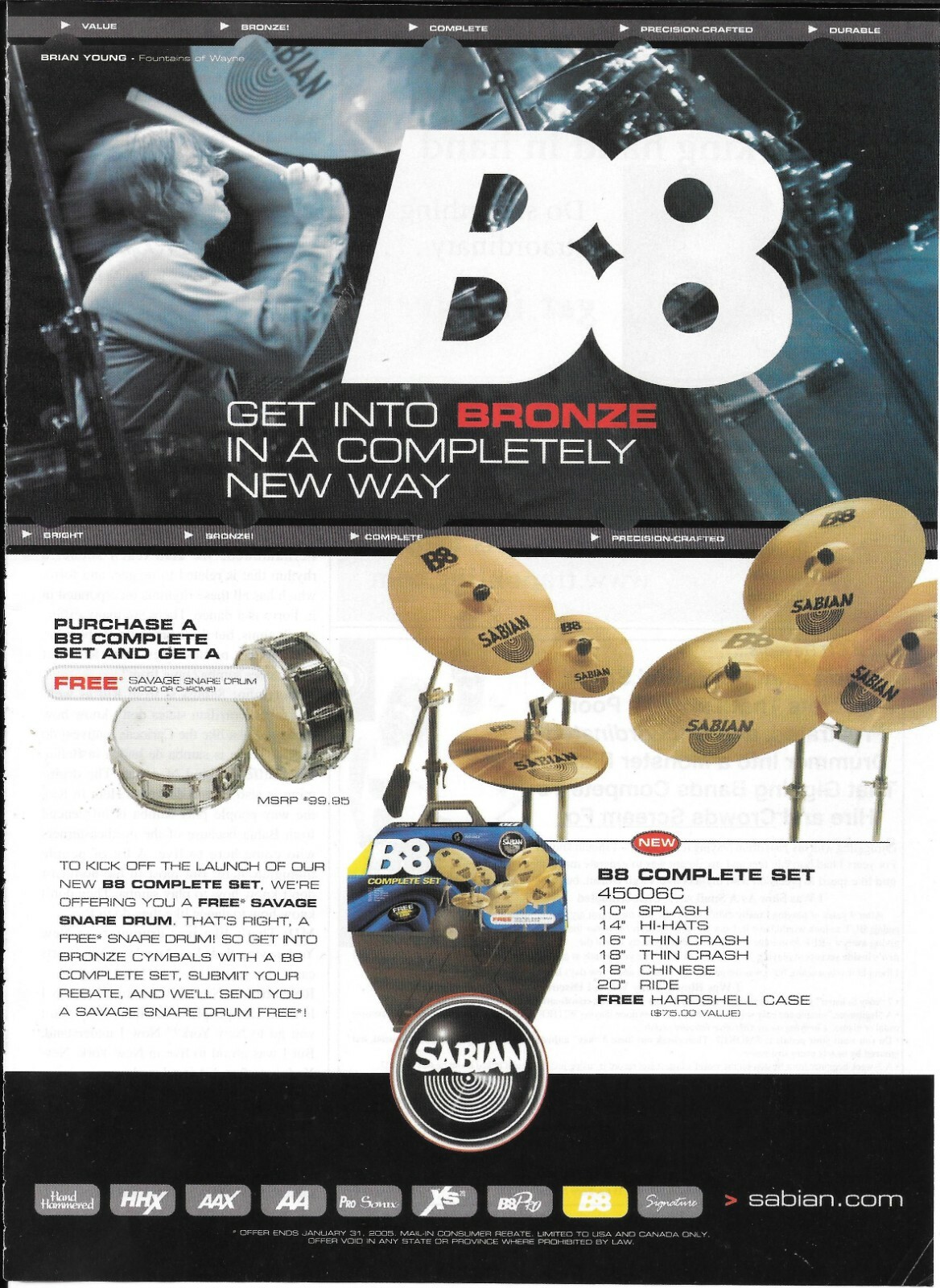SABIAN CYMBALS - BRIAN YOUNG of FOUNTAINS OF WAYNE - 2004 Print Advertisement