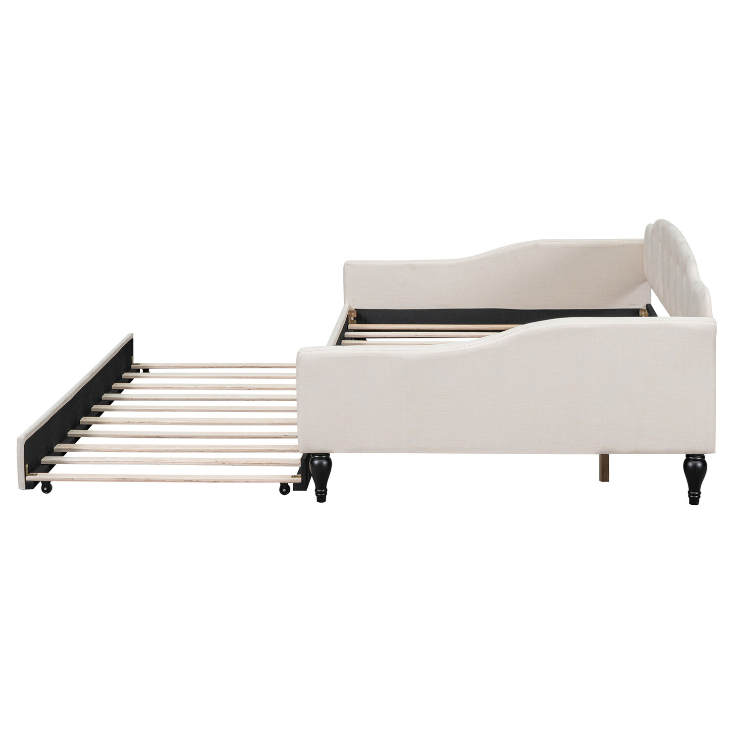 Full Size Daybed with Pull Out Trundle Bed Upholstered Bed Frame Sofa Bed Beige