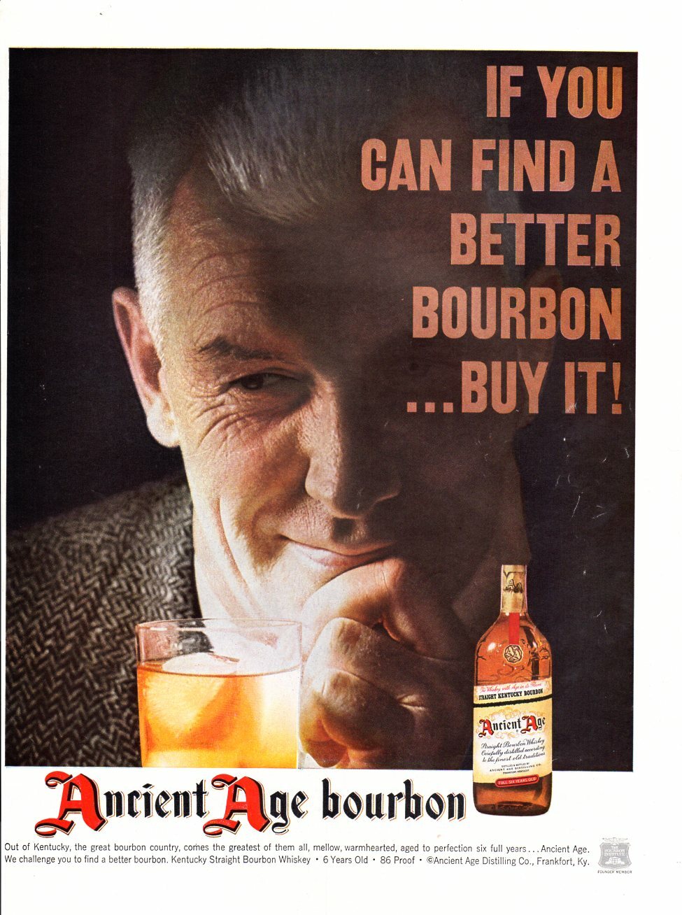 Vintage advertising print Alcohol Ancient Age Bourbon man Mellow Warmhearted 60