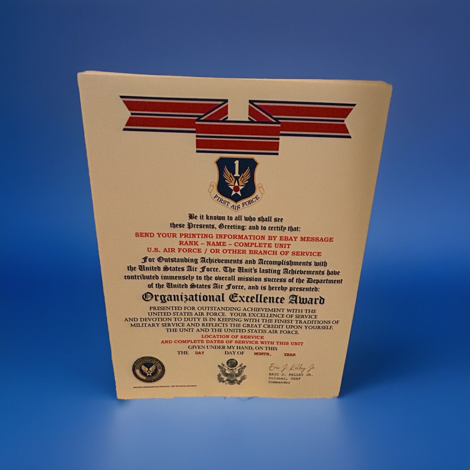 U.S. AIR FORCE / 1ST AIR FORCE - ORGANIZATIONAL EXCELLENCE AWARD CERTIFICATE