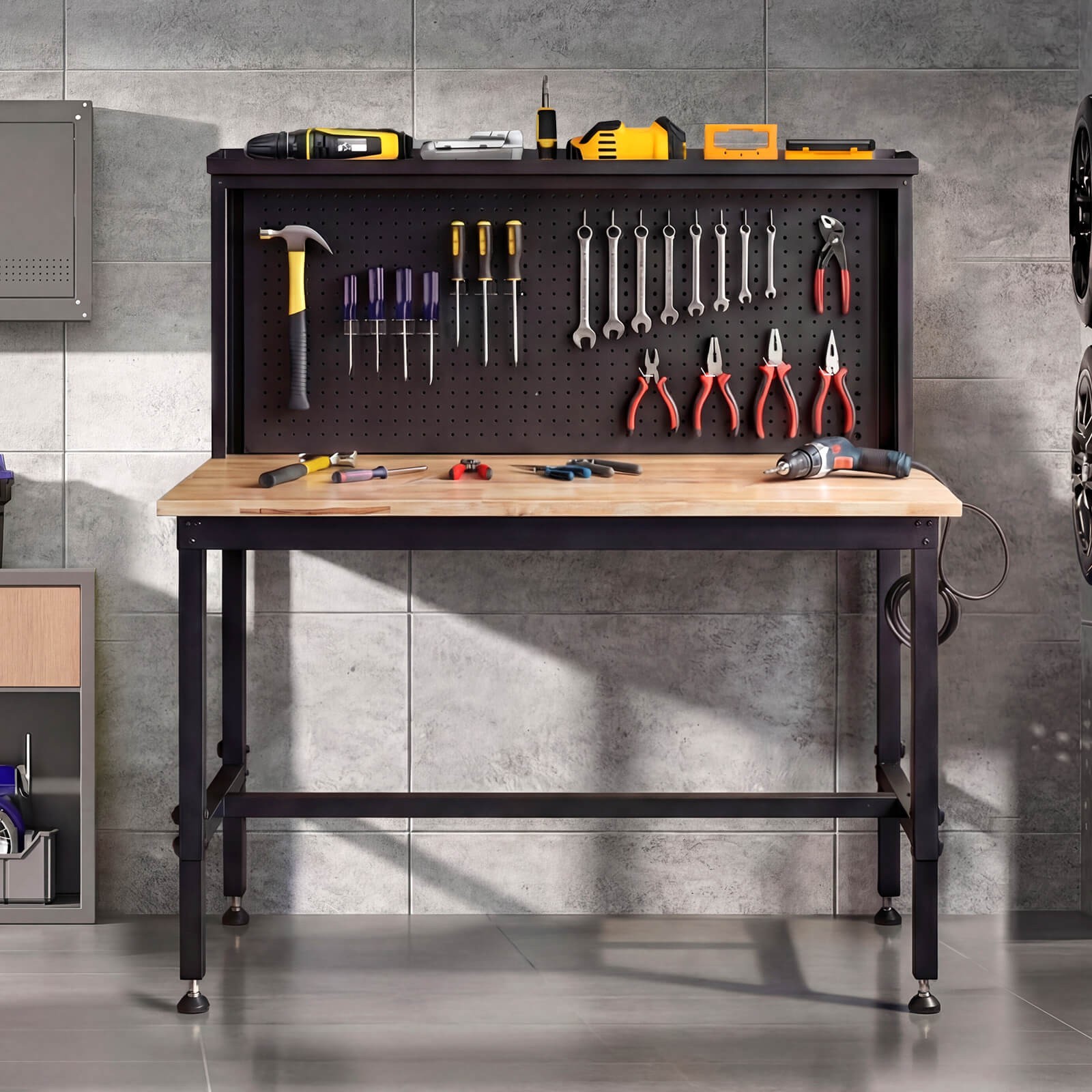 48” Adjustable Height Rubber Wood Top Work Tool Bench with Storage Shelf