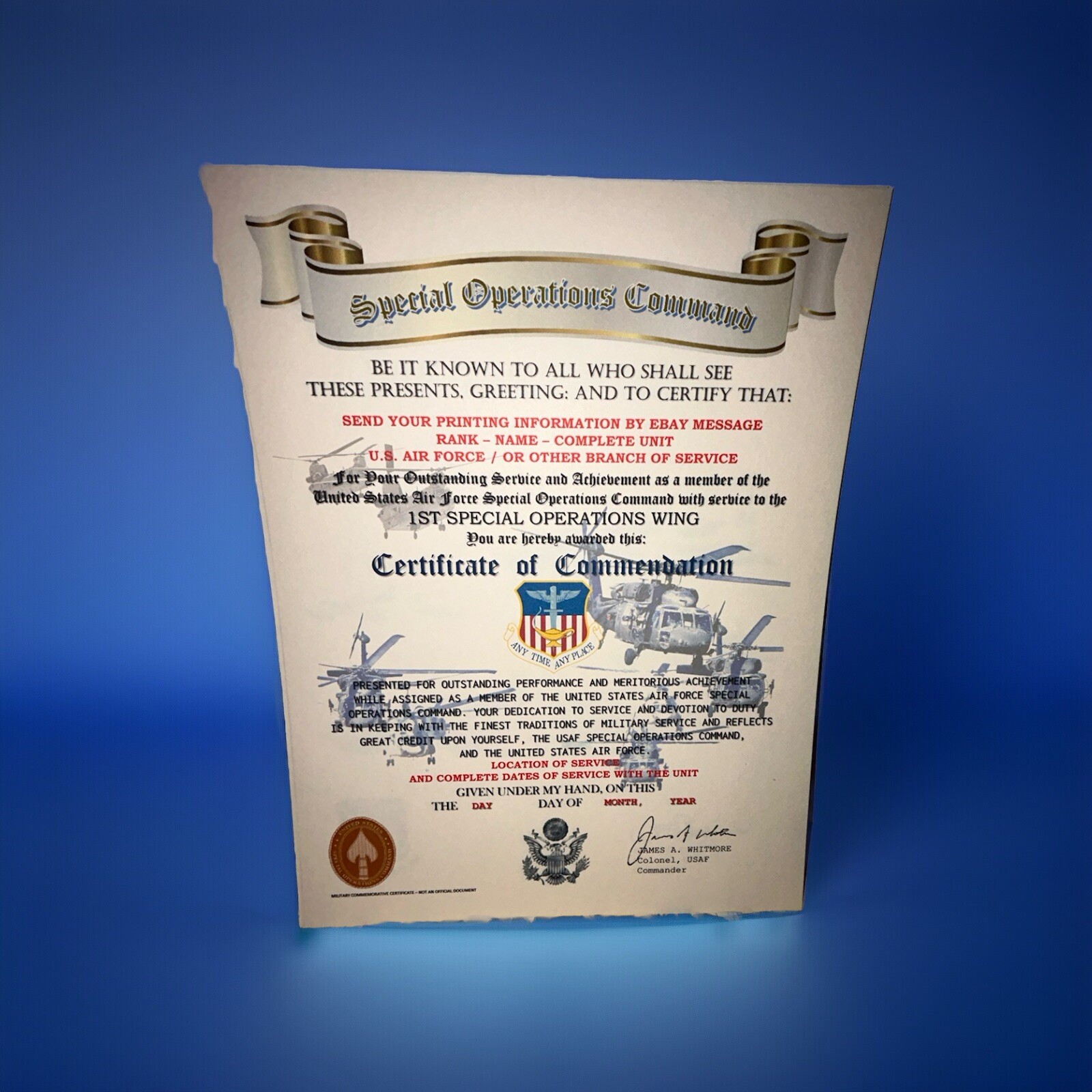 U.S.A.F. / 1ST SPECIAL OPERATIONS WING - CERTIFICATE OF COMMENDATION