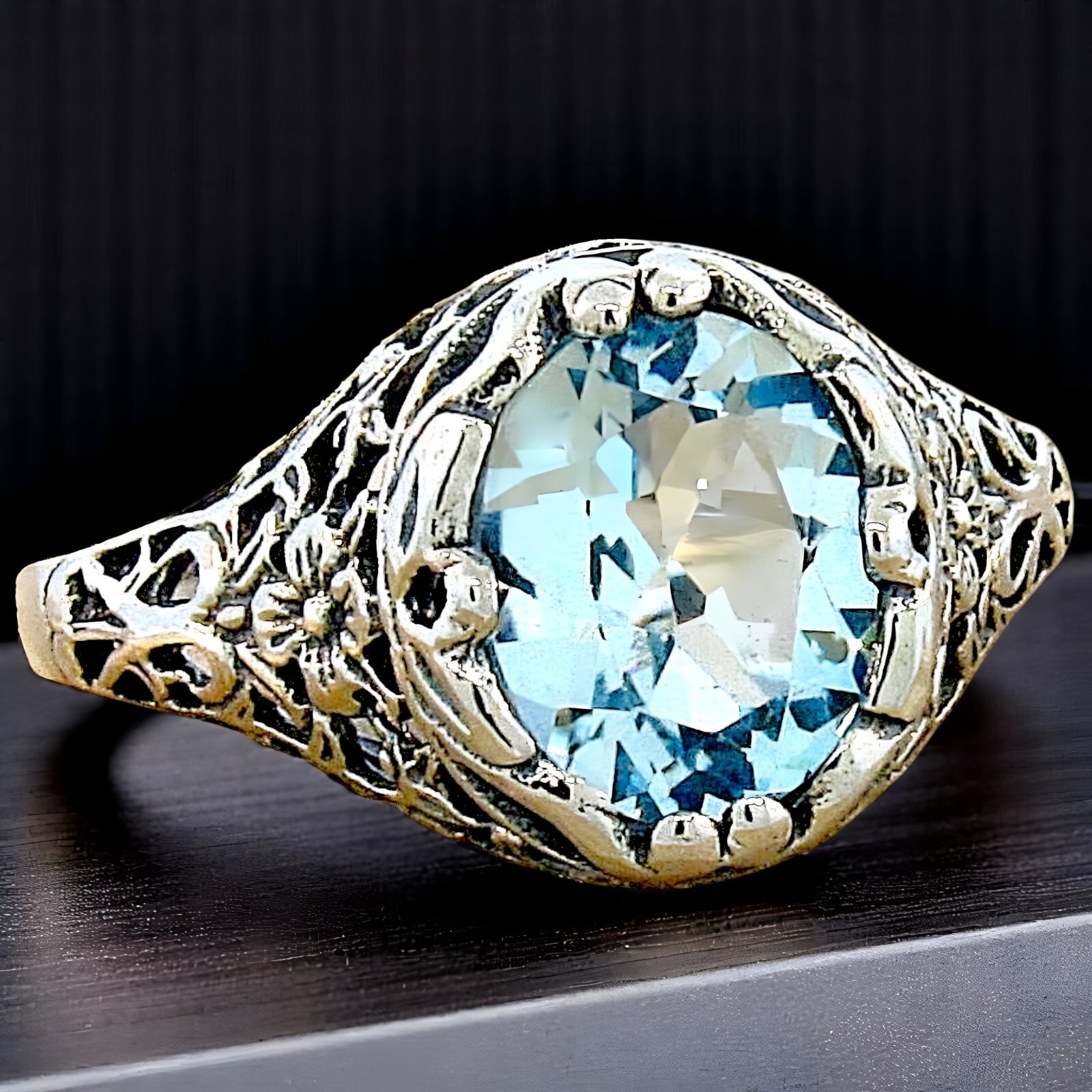 2 CT GENUINE SKY BLUE TOPAZ 925 STERLING SILVER ANTIQUE STYLE FILIGREE RING  695