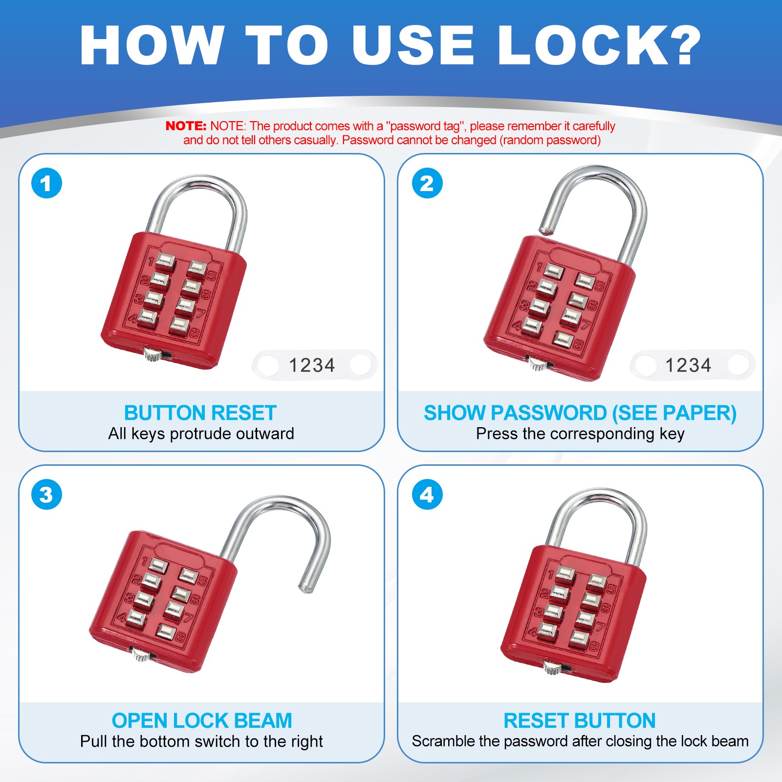 Push Button Combination Padlock 8-Digit 4-Position Lock Red
