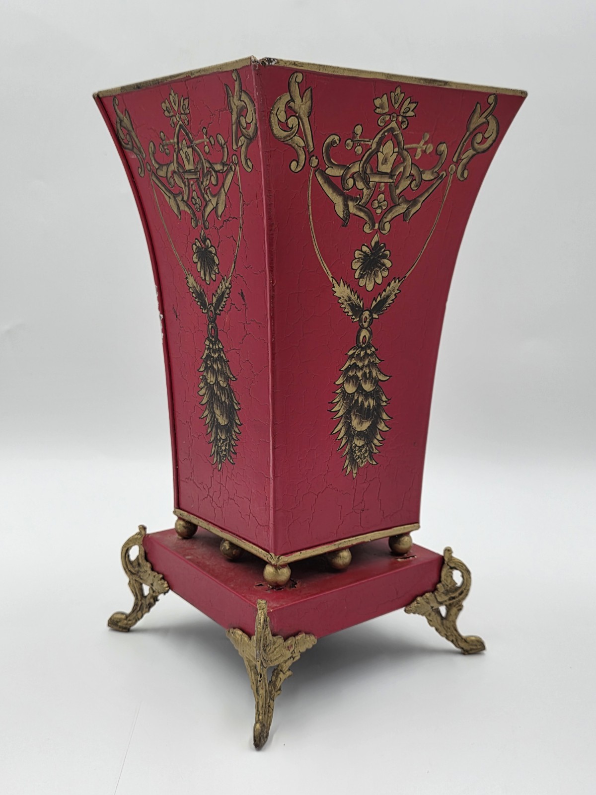 Antique 1940 Hollywood Regency Red Gold Toleware Planter Cachepot Louis XV Style