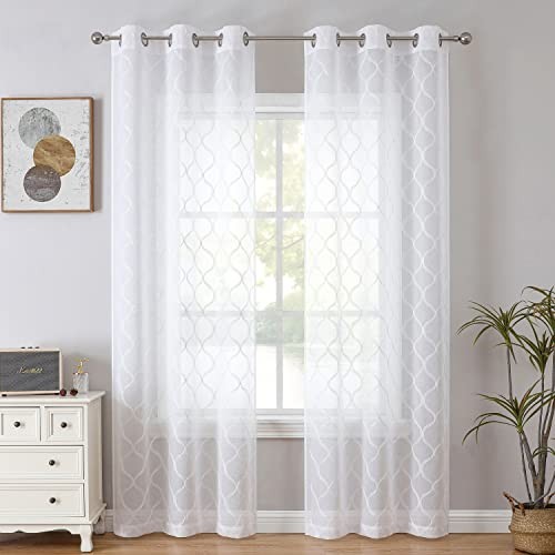 Sheer Curtains 84 inch Geometric Embroidered 38"W x 84"L (Pack of 2) White