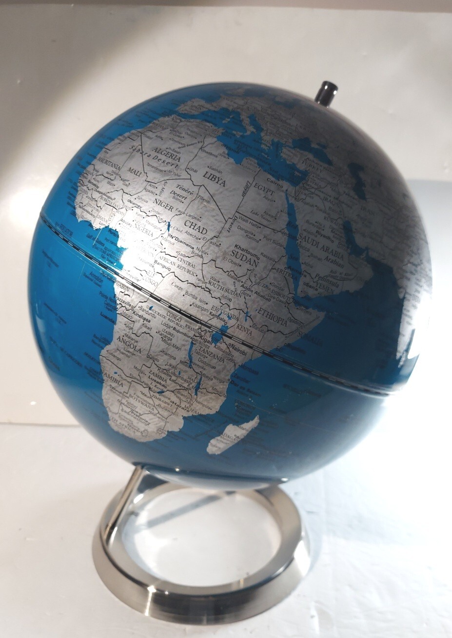 World Map Globe Midnight Blue & Silver 15" W/Inclination Mount/Chrome Metal Base