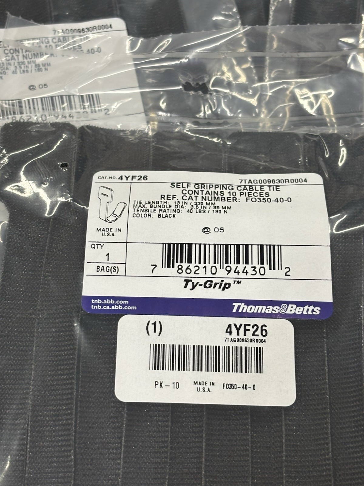 10 Packs (10 Each) Thomas & Betts Ty-Grip Self Gripping Hook & Loop Cable Ties