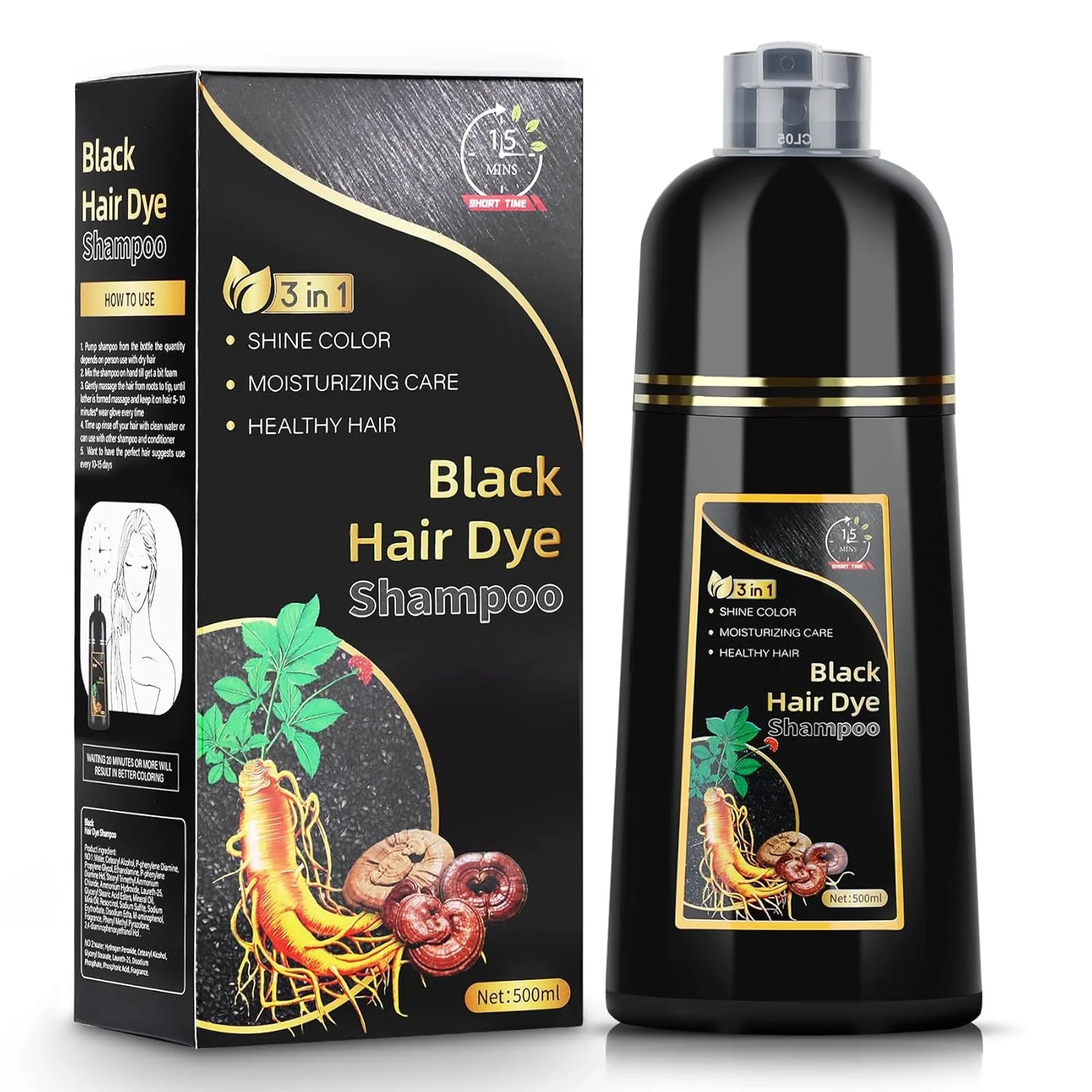 Black Hair Dye Shampoo 3 in 1 for Women & Men Gray Hair Coverage, Hair Color Sha