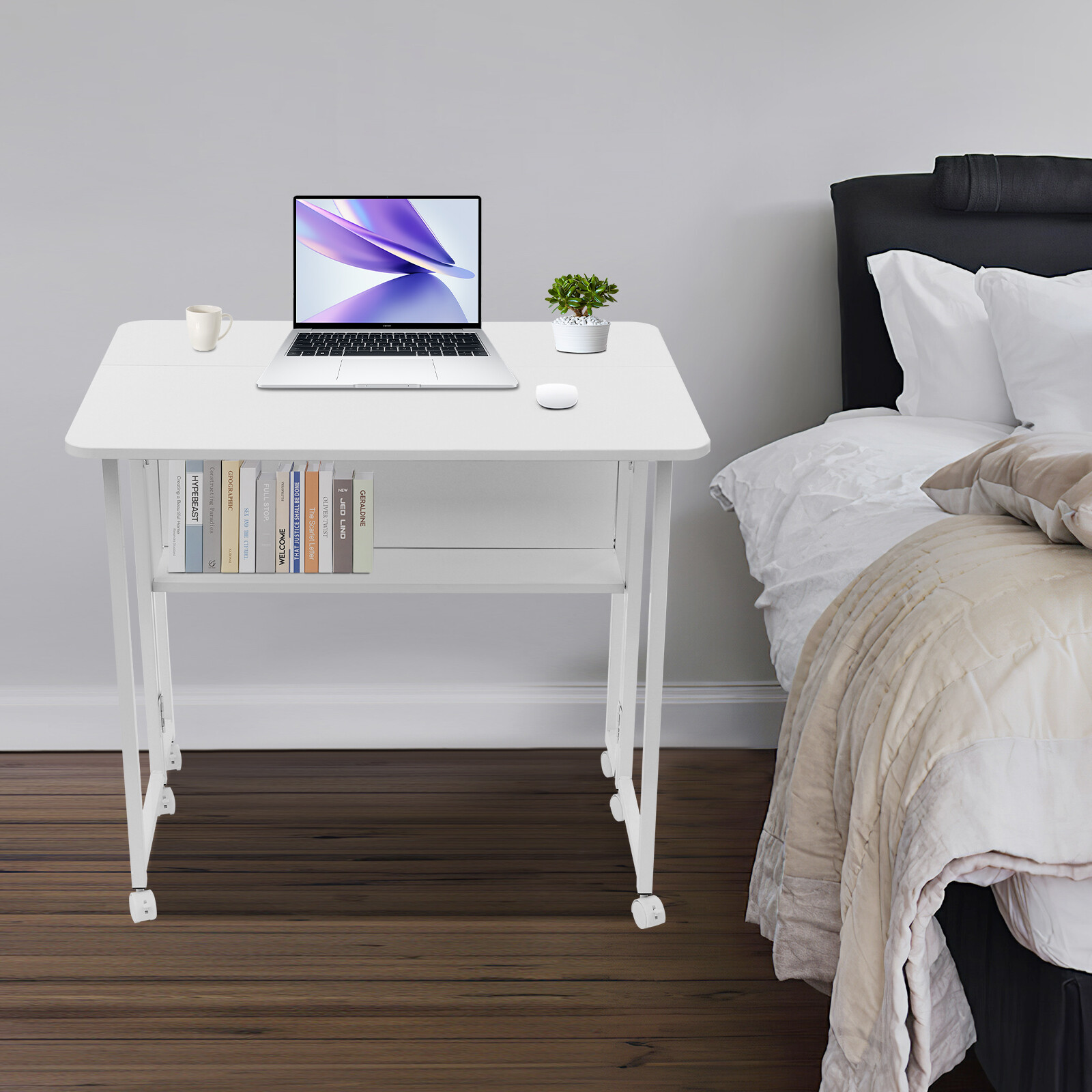80*58 Cm Folding Desk Small Rolling Desk With Storage Shelf For Computer Desk