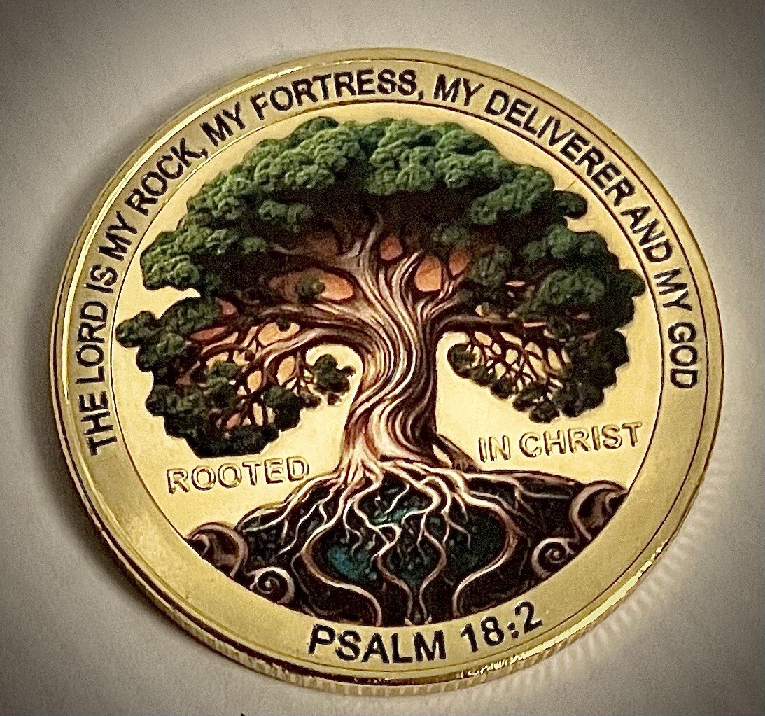 Rooted In Christ Challenge Coin-Gold Color-Psalm 18:2-Bible-Tree-Cross-New