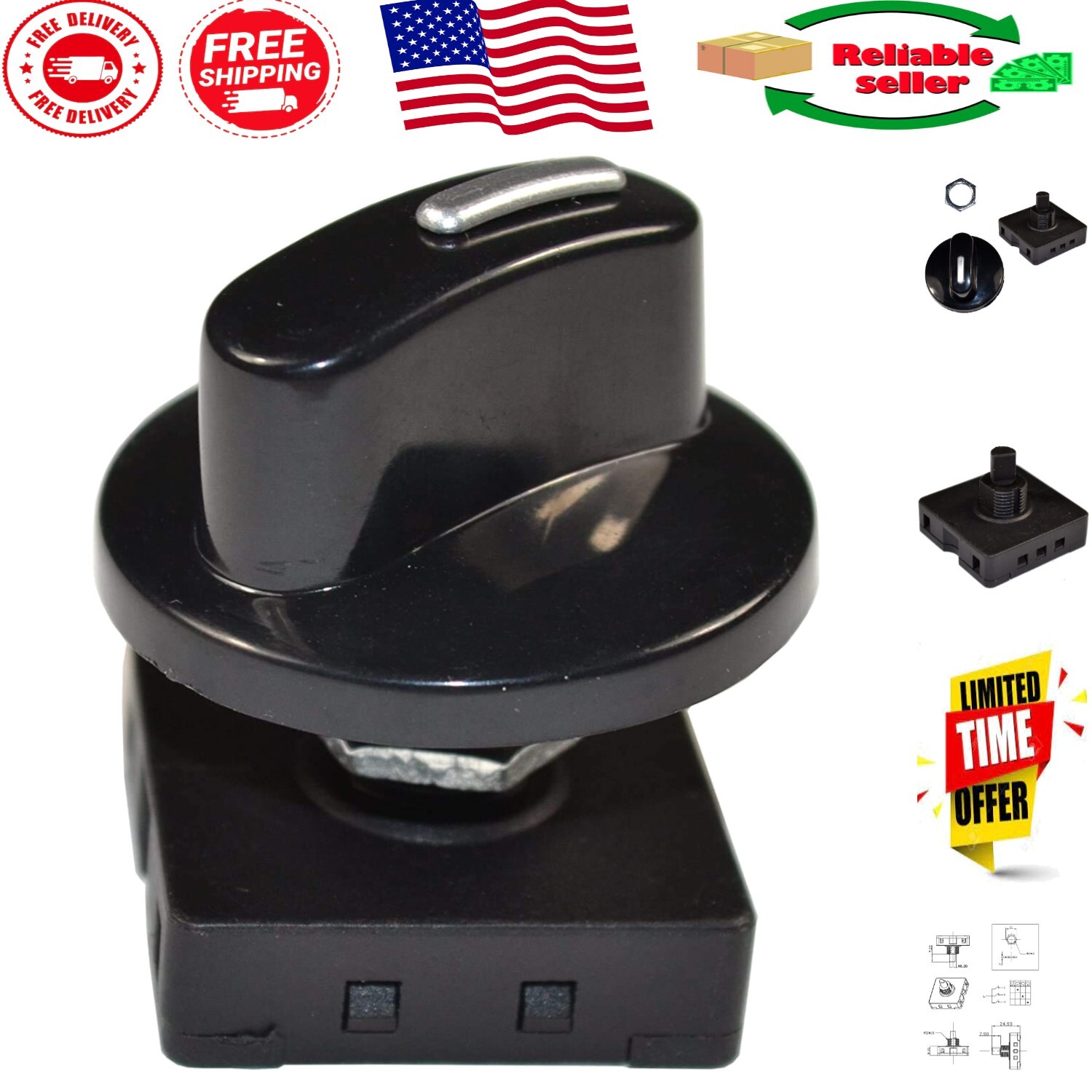 Professional Grade Rotary Switch: 3-Speed, 120V-250V, Ideal for High-Power Use