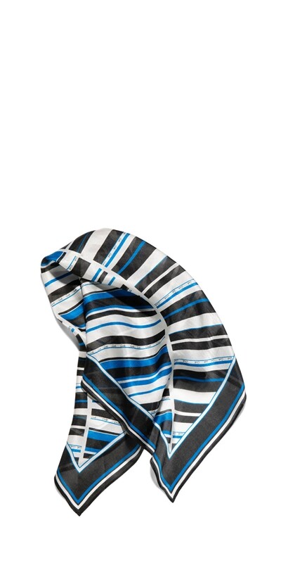 Cue Silk Scarf Stripe Blue White Wrap Square Turban Satin Black Headband Bag