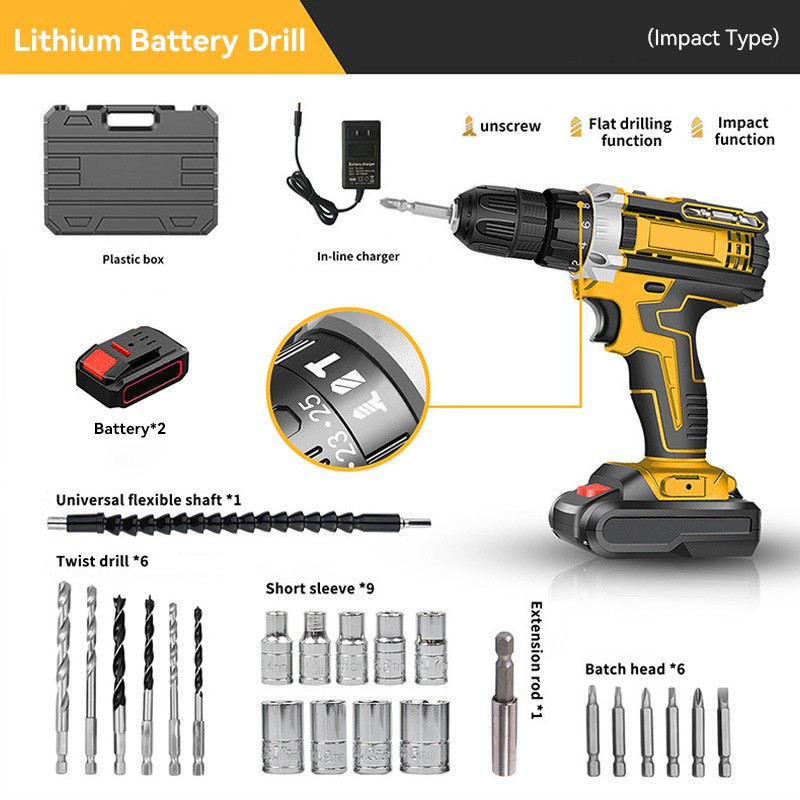 21V Cordless Impact Drill Kit 2 Batteries 25PCS Accessories Tool Set