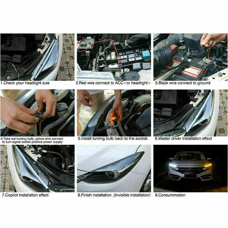 2 PCS 60cm LED DRL Light Sequential Flexible Car Turn Signal Strip For Headlight