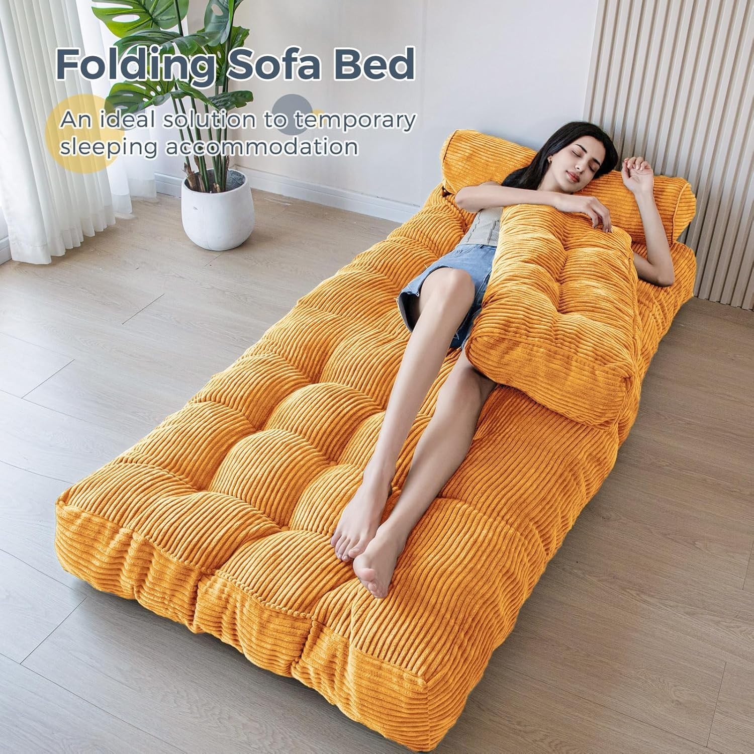 Convertible Sofa Bed Single Size Foldable Couch with Pillow Orange
